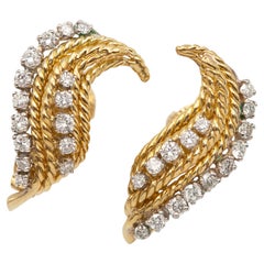 Vintage Preformed Parts PP 18K Gold Diamond Leaf Feather Clip Earrings