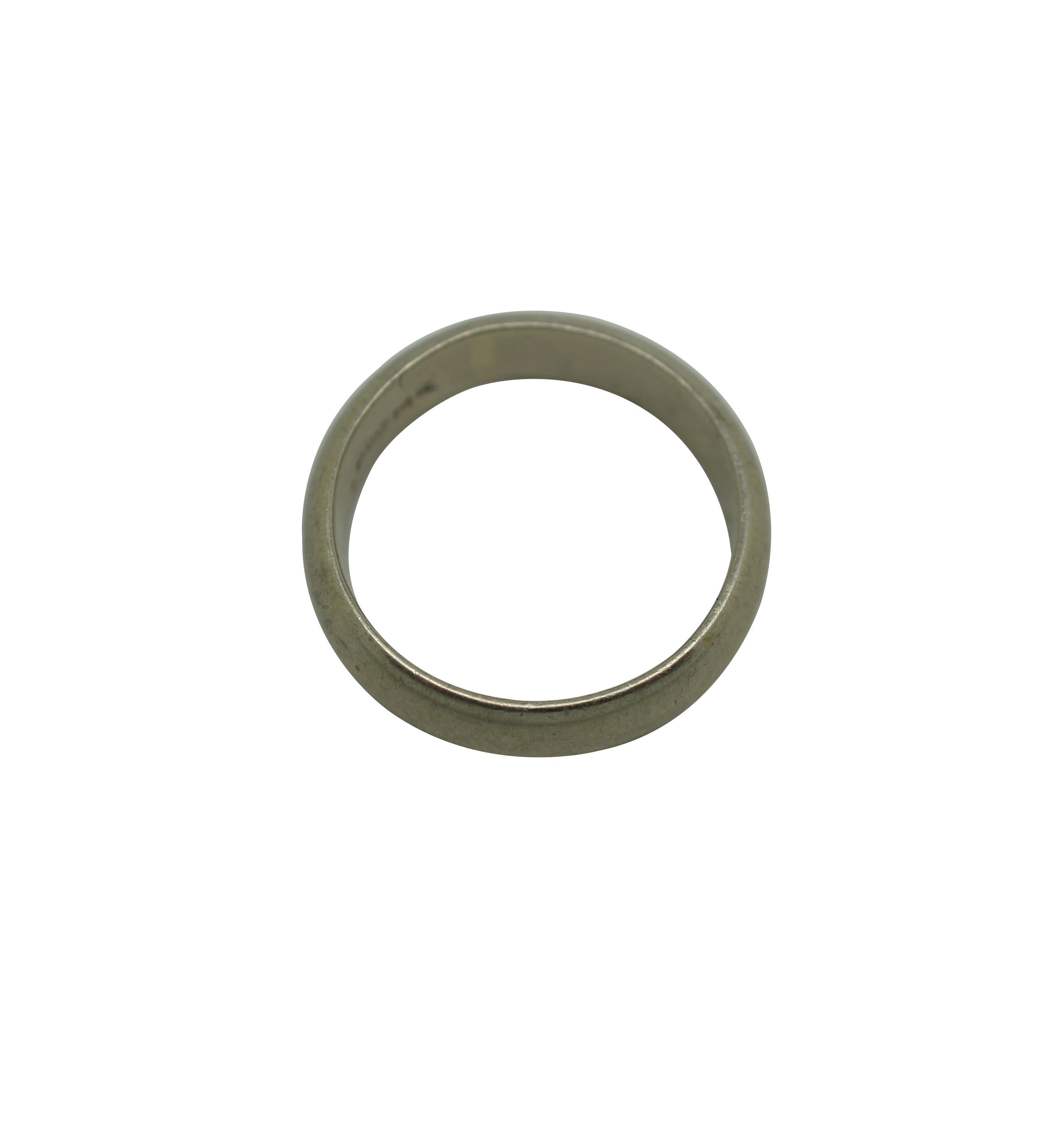Vintage Premesco PMS 14k white gold plain thick wedding band / ring. 

PREMESCO INC. - PRECIOUS METALS SPECIALTIES INC.
NEWARK, NEW JERSEY, USA

Dimensions:
0.875” x 0.875” x 0.25” (Width x Depth x Height) / Size - 7.5 / 6.3 g