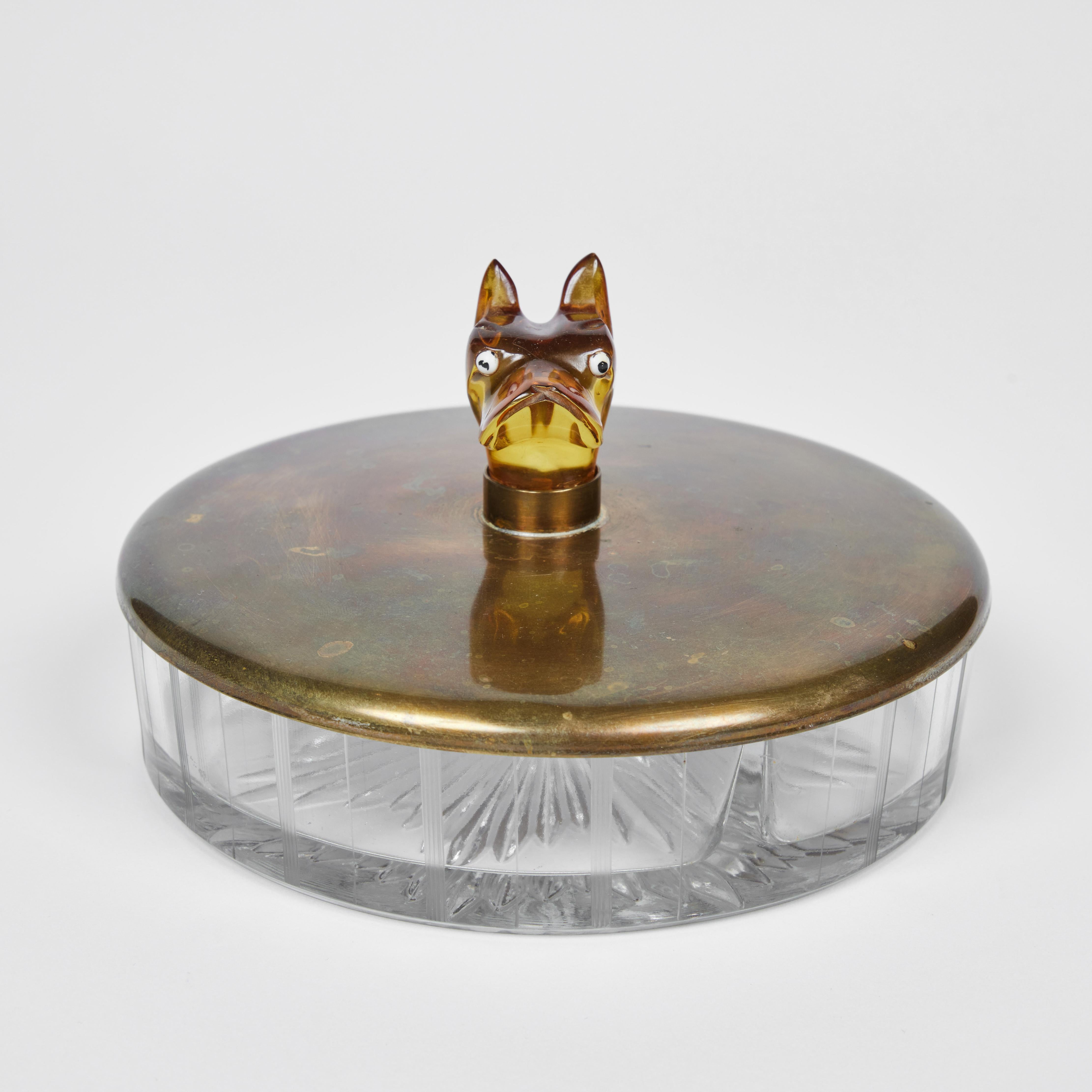 Mid-Century Modern Vintage Pressed Glass Dish w Catalin Dog Head Handle