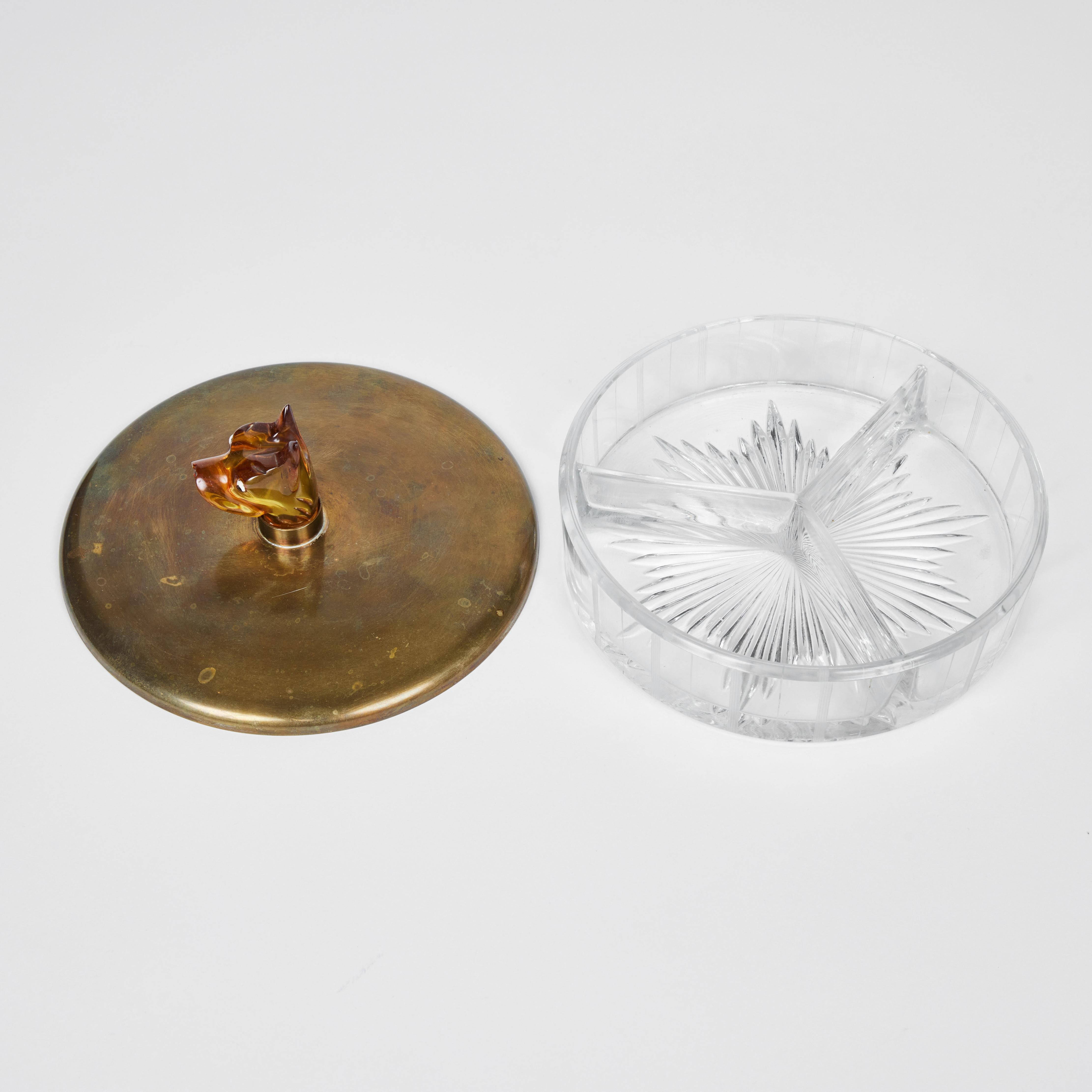 20th Century Vintage Pressed Glass Dish w Catalin Dog Head Handle