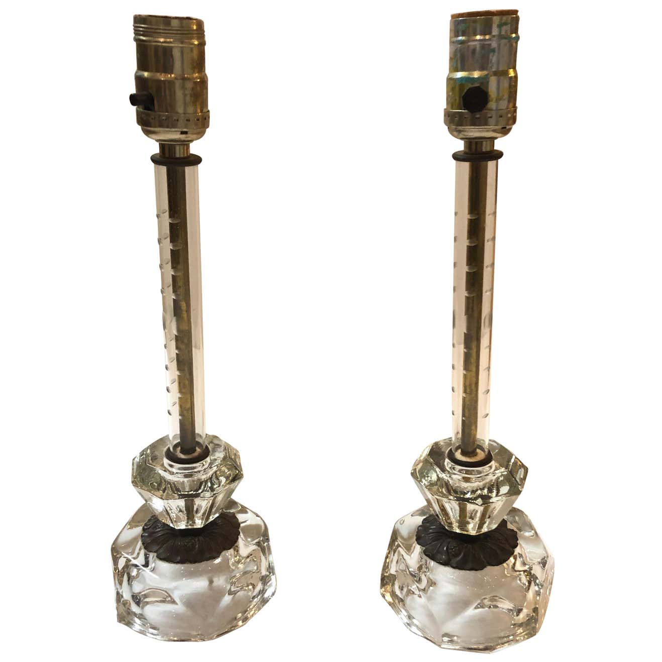 Vintage Pretty Pair of Crystal and Bronze Candlestick Lamps For Sale at ...