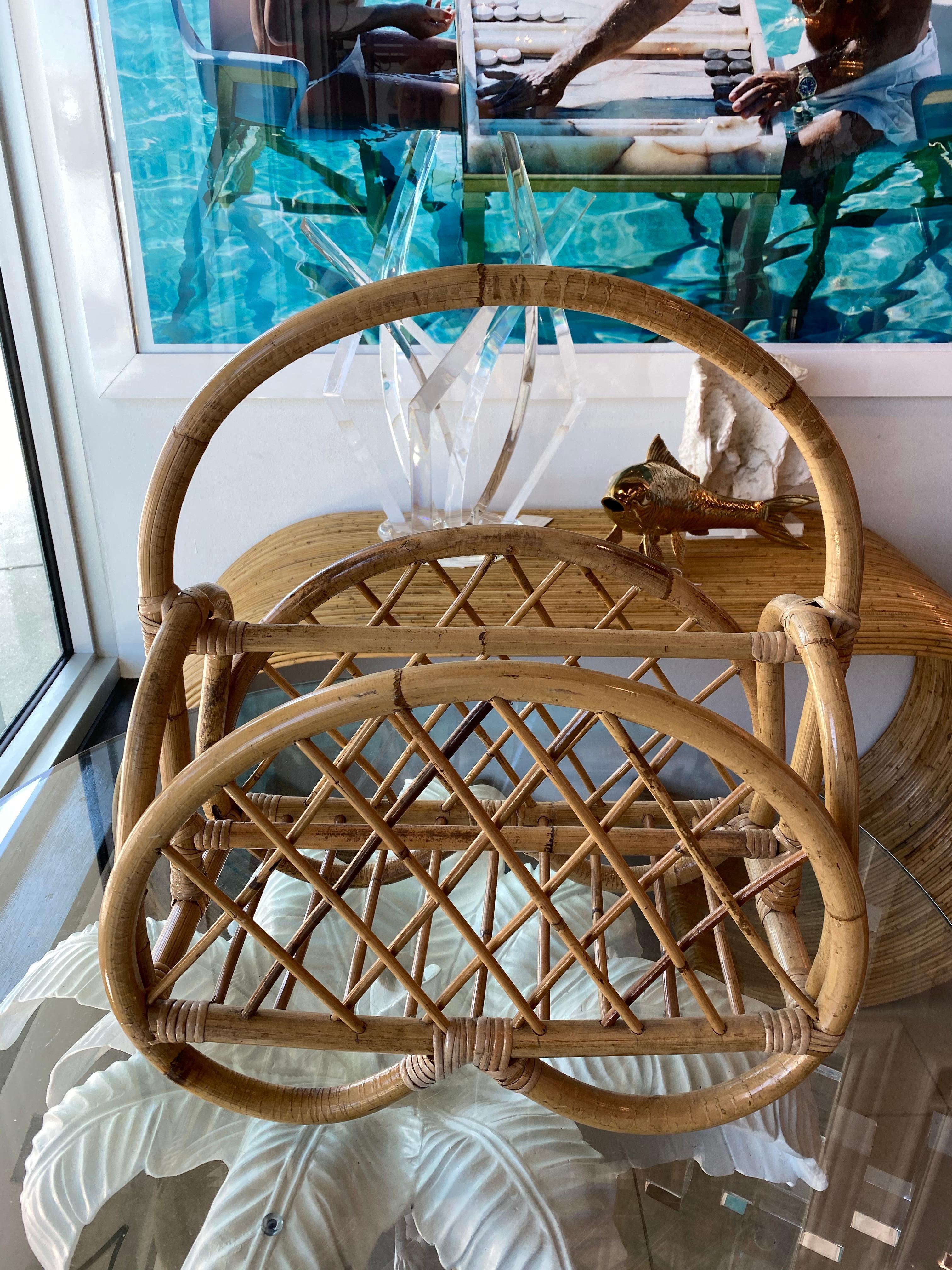 Lovely vintage pretzel rattan and bamboo magazine rack holder.