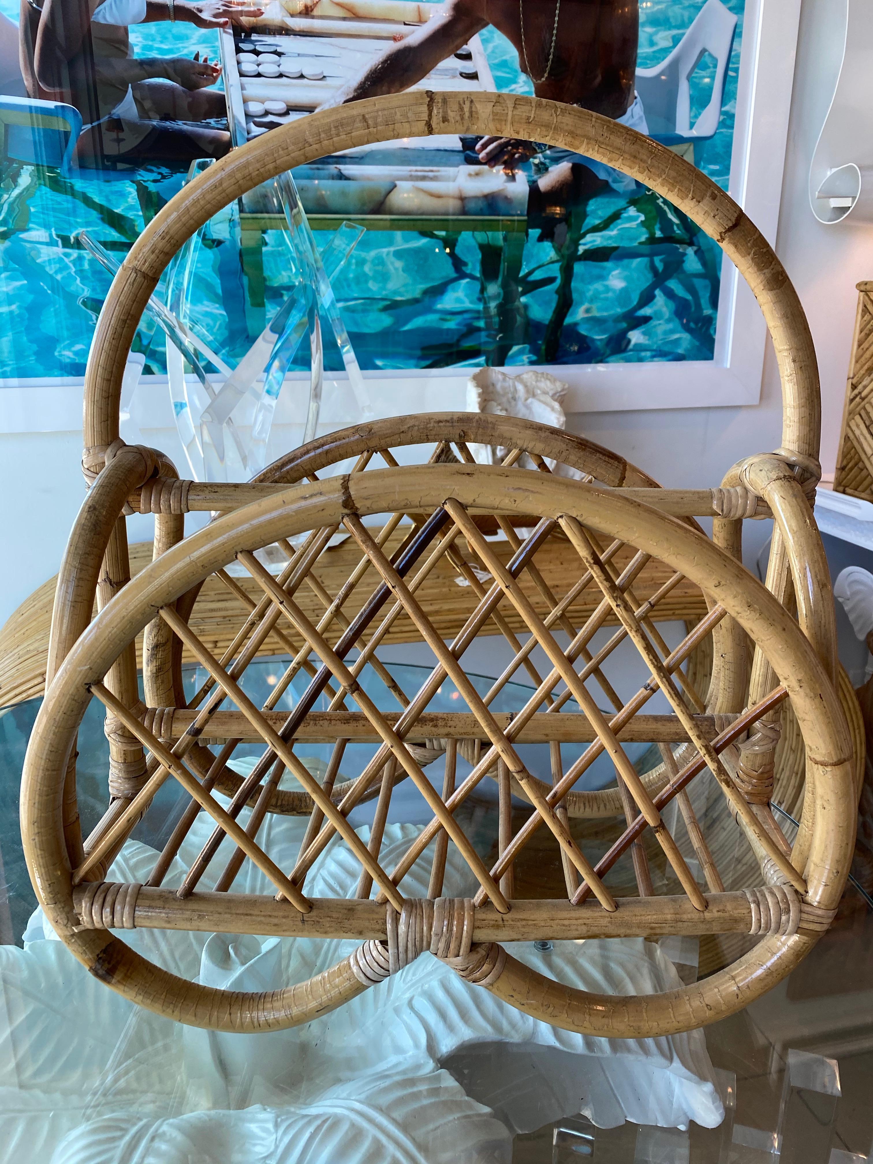 American Vintage Pretzel Rattan Bamboo Magazine Rack Holder For Sale