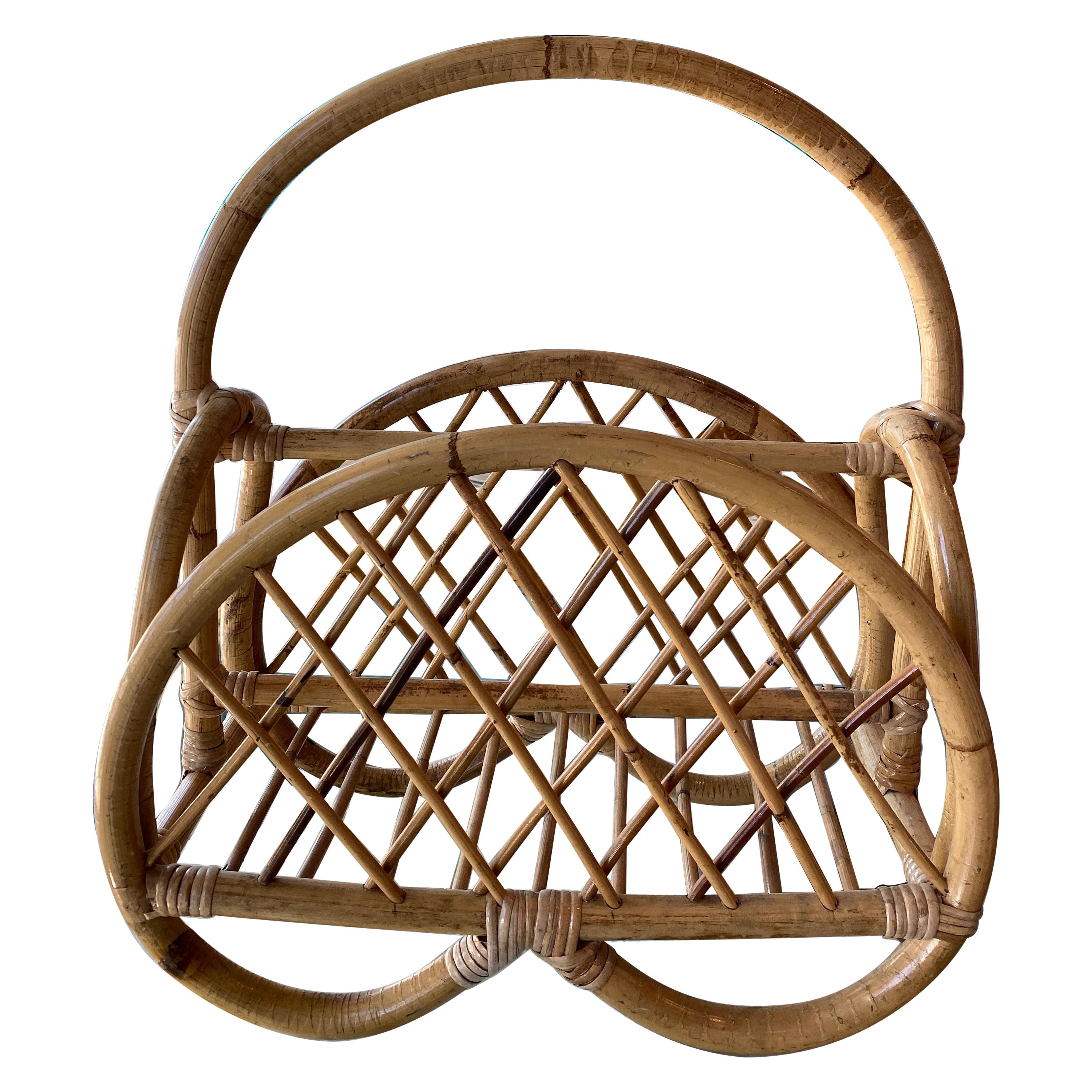 Vintage Pretzel Rattan Bamboo Magazine Rack Holder For Sale