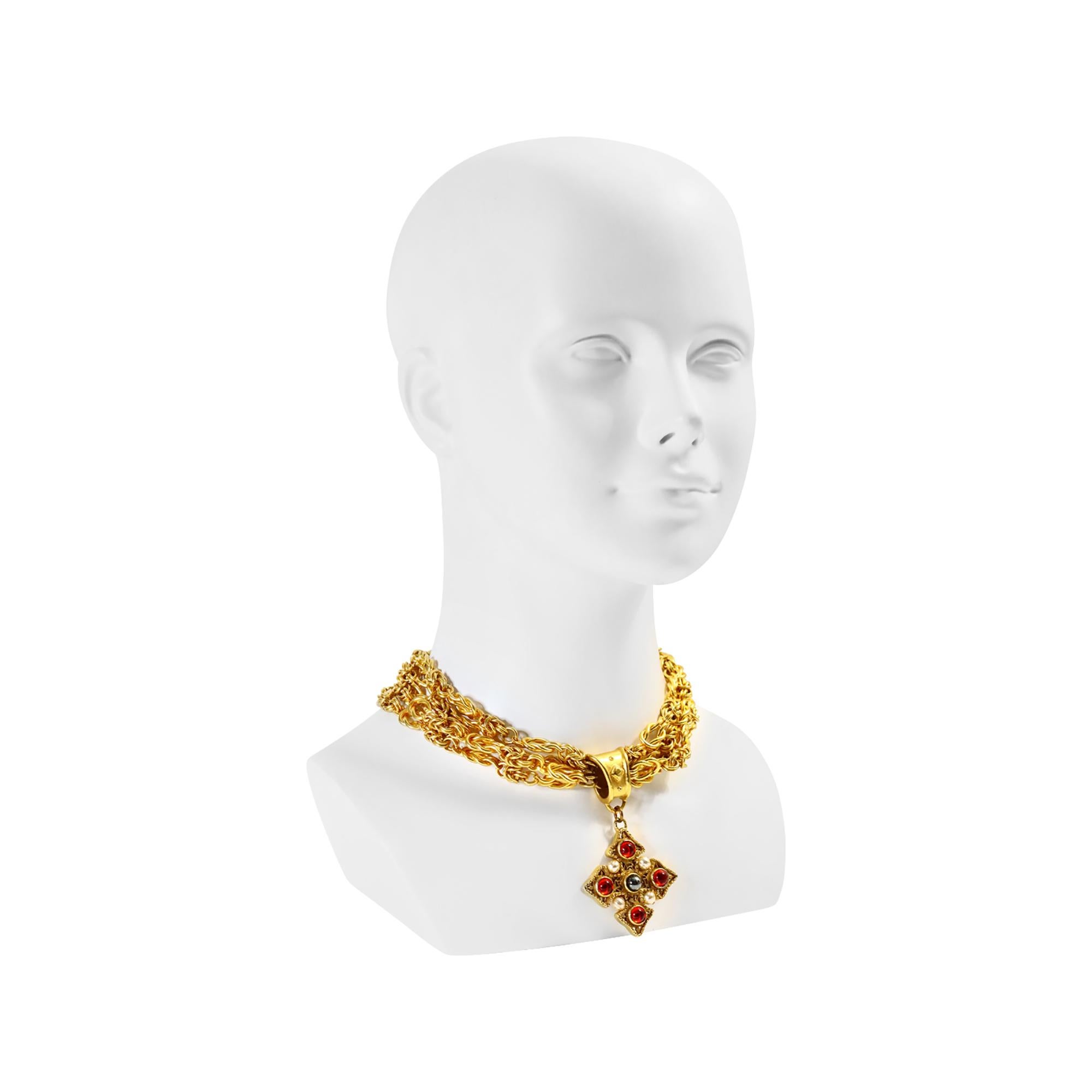Vintage Prevost Gold 4 Strand Necklace with Dangling Maltese Cross Circa 1980 Unisexe en vente