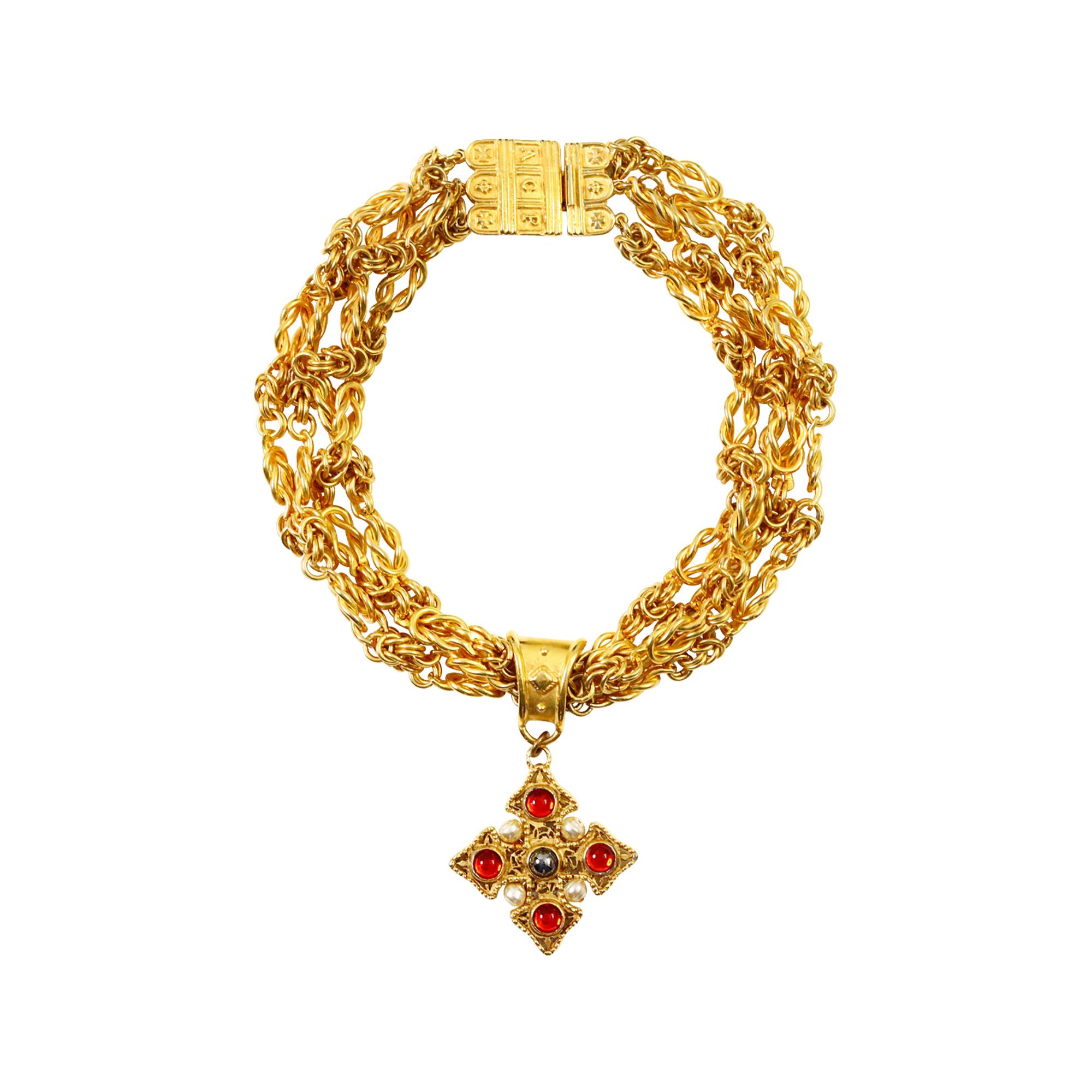 Vintage Prevost Gold 4 Strand Necklace with Dangling Maltese Cross Circa 1980 en vente 1