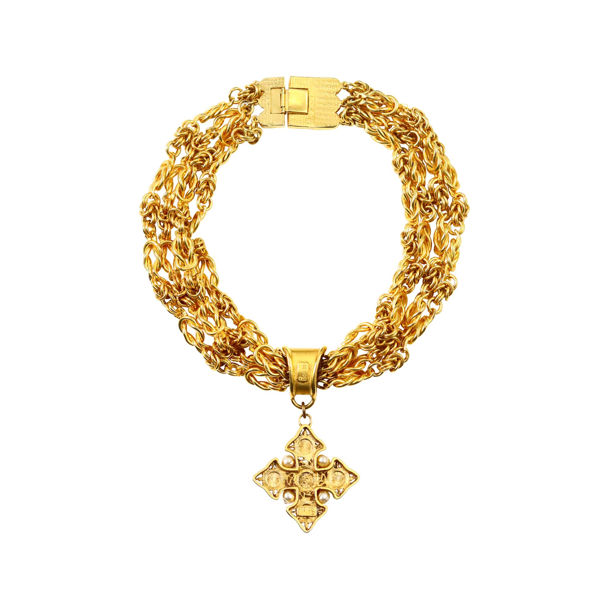 Vintage Prevost Gold 4 Strand Necklace with Dangling Maltese Cross Circa 1980 en vente 3