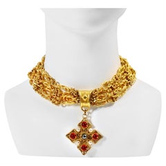 Vintage Prevost Gold 4 Strand Necklace with Dangling Maltese Cross Circa 1980s