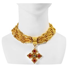 Vintage Prevost Gold 4 Strand Necklace with Dangling Maltese Cross Circa 1980s