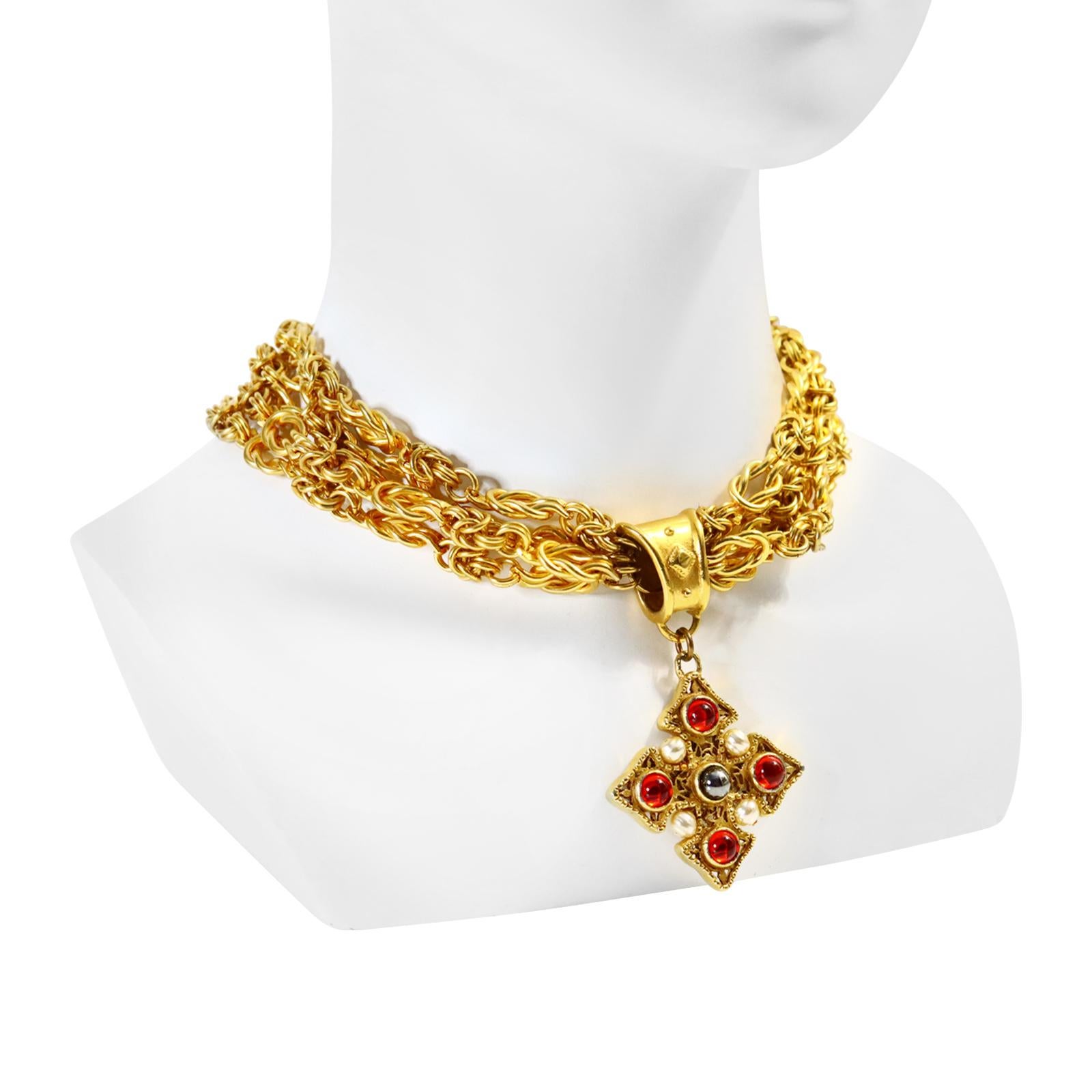 Modern Vintage Prevost Gold 4 Strand Necklace with Dangling Maltese Cross Circa 1980s For Sale
