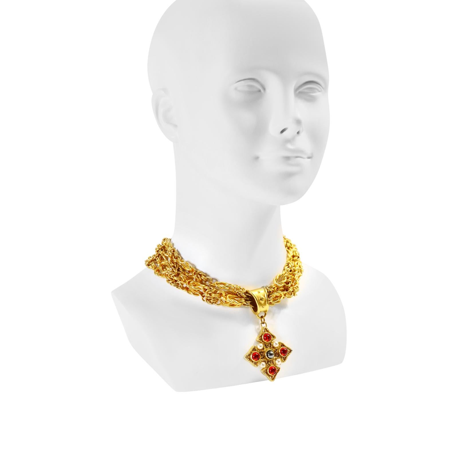 Vintage Prevost Gold 4 Strand Necklace with Dangling Maltese Cross Circa 1980s In Excellent Condition For Sale In New York, NY