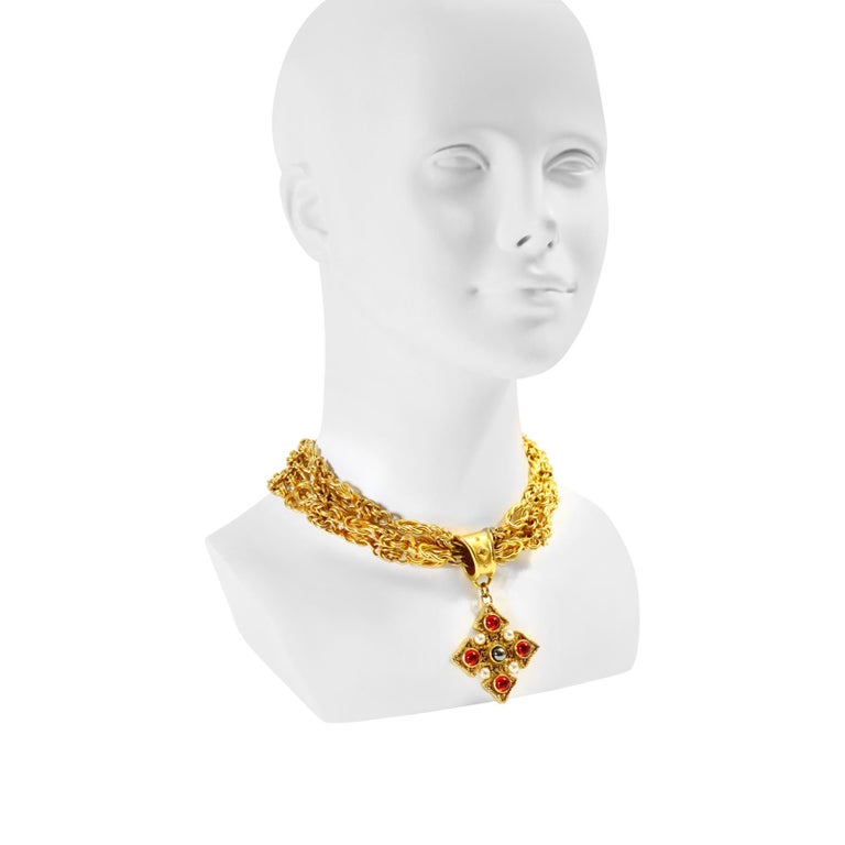 Women's or Men's Vintage Prevost Gold Tone 4 Strand Choker Necklace with Dangling Maltese Cross For Sale