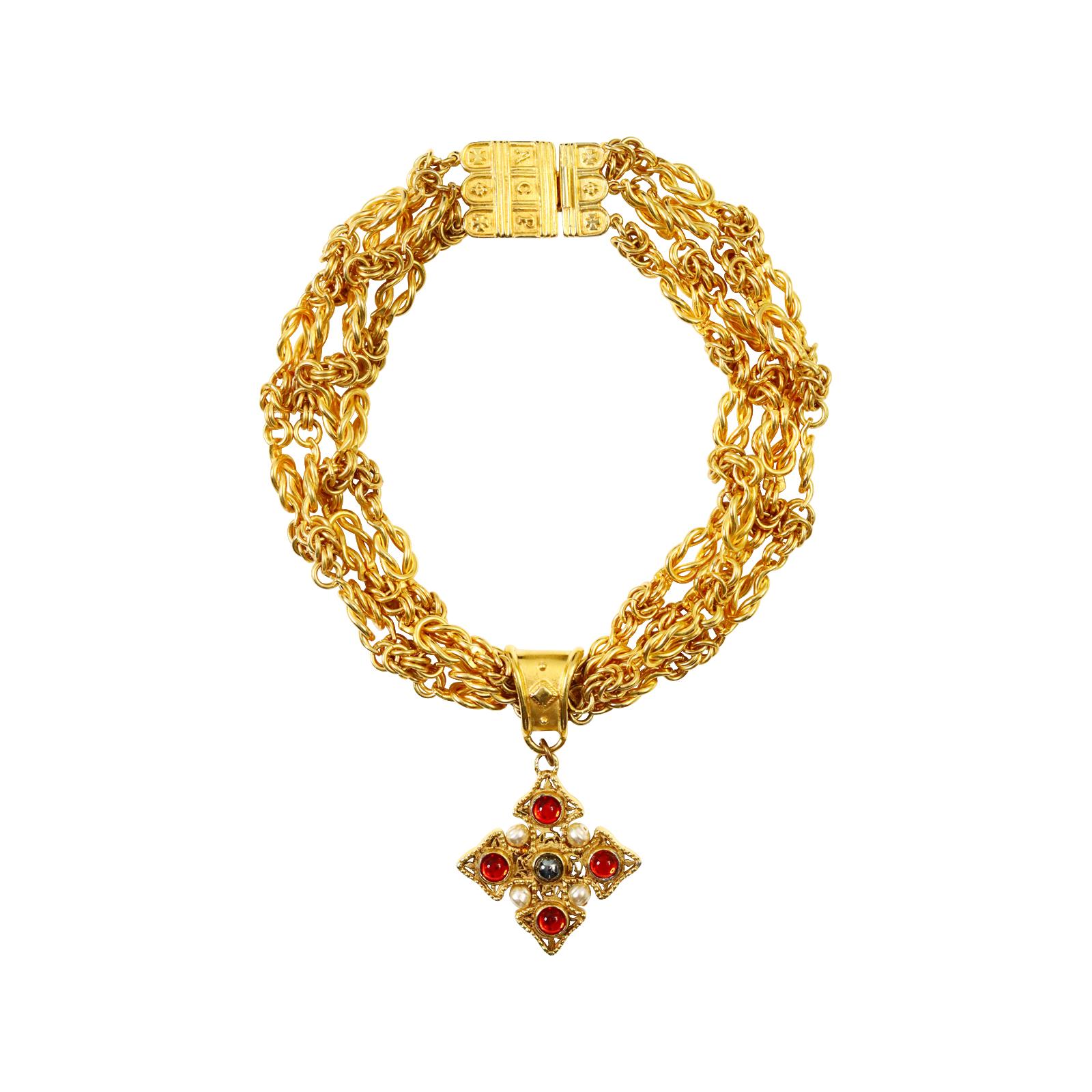 Women's or Men's Vintage Prevost Gold 4 Strand Necklace with Dangling Maltese Cross Circa 1980s For Sale