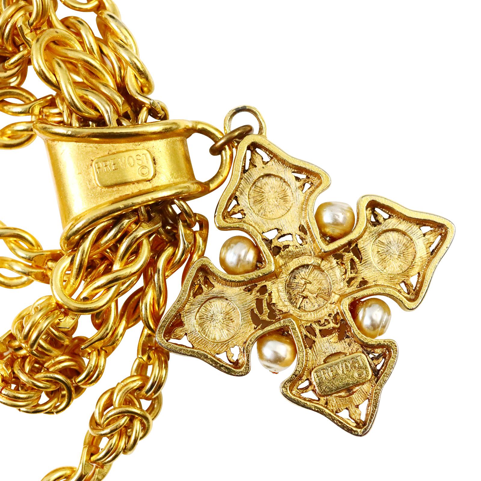 Vintage Prevost Gold 4 Strand Necklace with Dangling Maltese Cross Circa 1980s For Sale 2