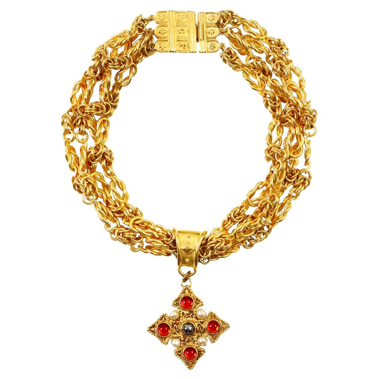 Vintage Prevost Gold 4 Strand Necklace with Dangling Maltese Cross Circa 1980s