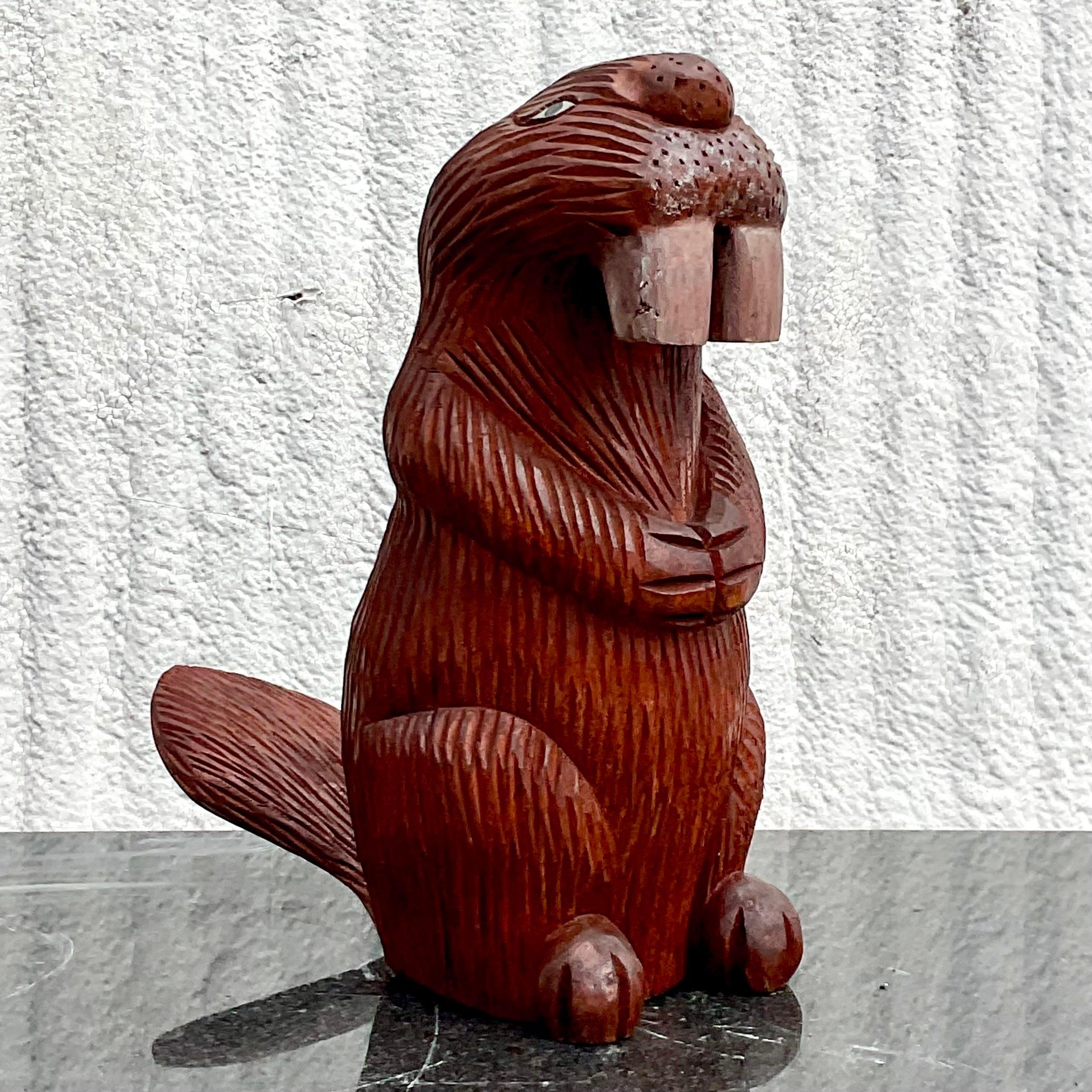 Mid-Century Modern Vintage Primative Hand Carved Beaver Sculpture For Sale