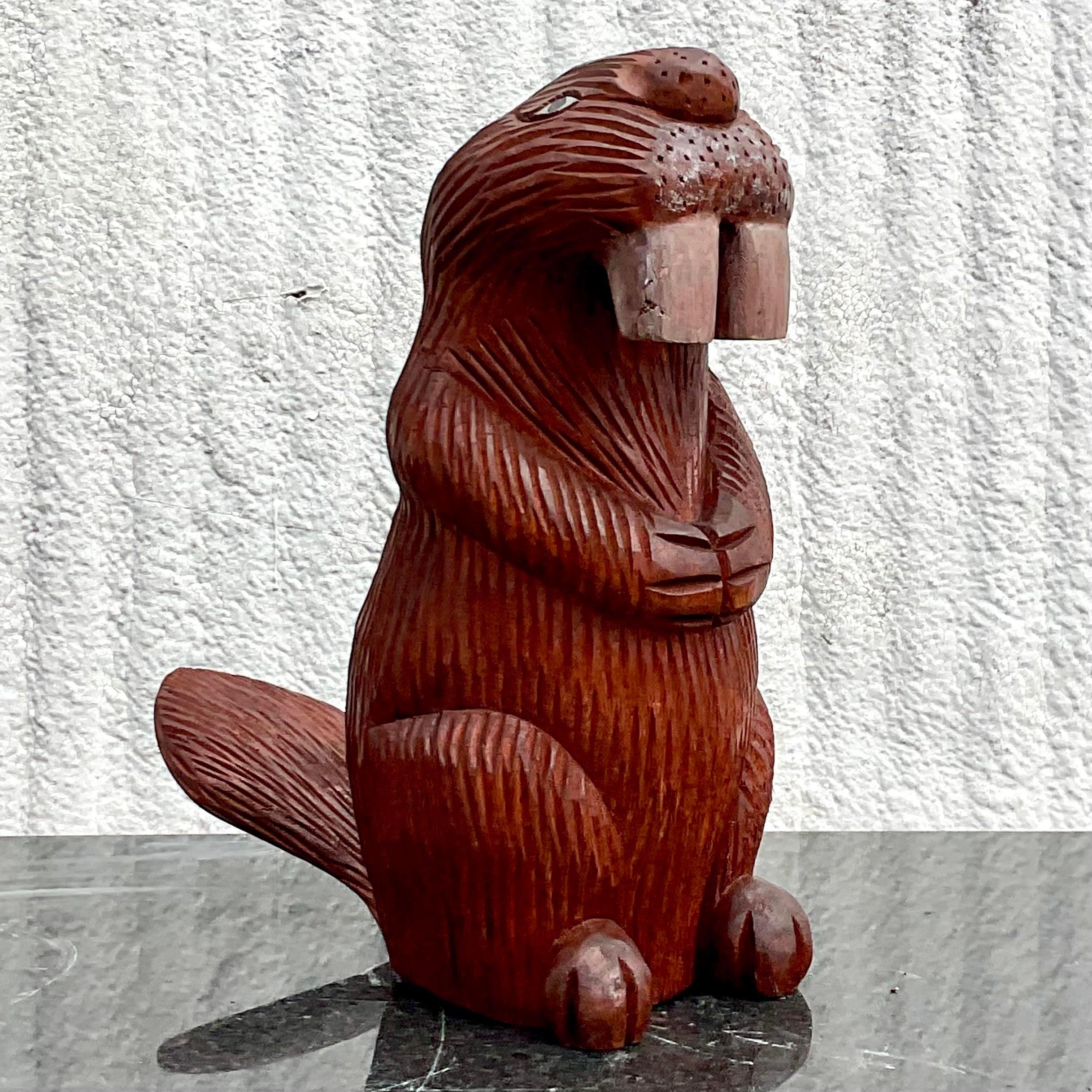 20th Century Vintage Primative Hand Carved Beaver Sculpture For Sale