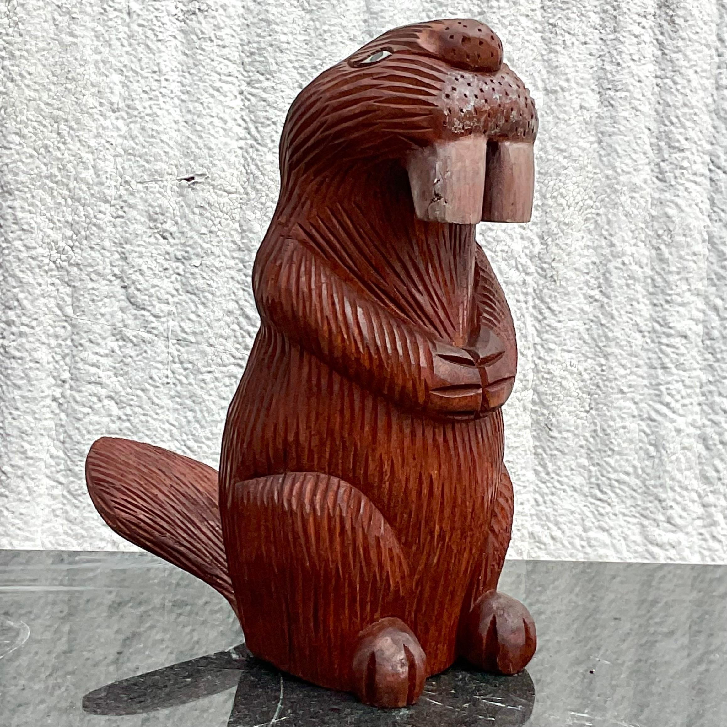 Wood Vintage Primative Hand Carved Beaver Sculpture For Sale