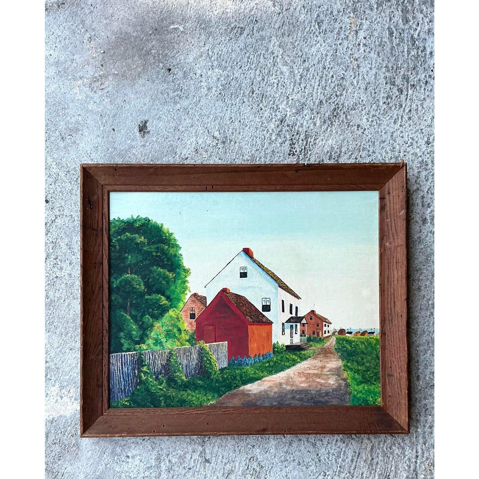 Evoke nostalgic warmth and homespun charm with this delightful Vintage Primitive 1960s Landscape Painting. This authentic original artwork, rendered on a sturdy board, captures the idyllic simplicity of rural life with vibrant colors and a charming,