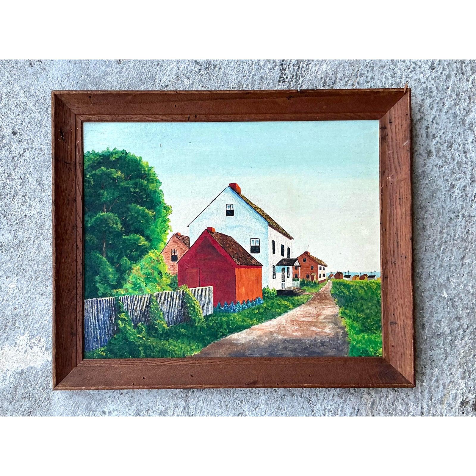 Artisanat Huile sur panneau originale de paysage primitif des années 1960 en vente