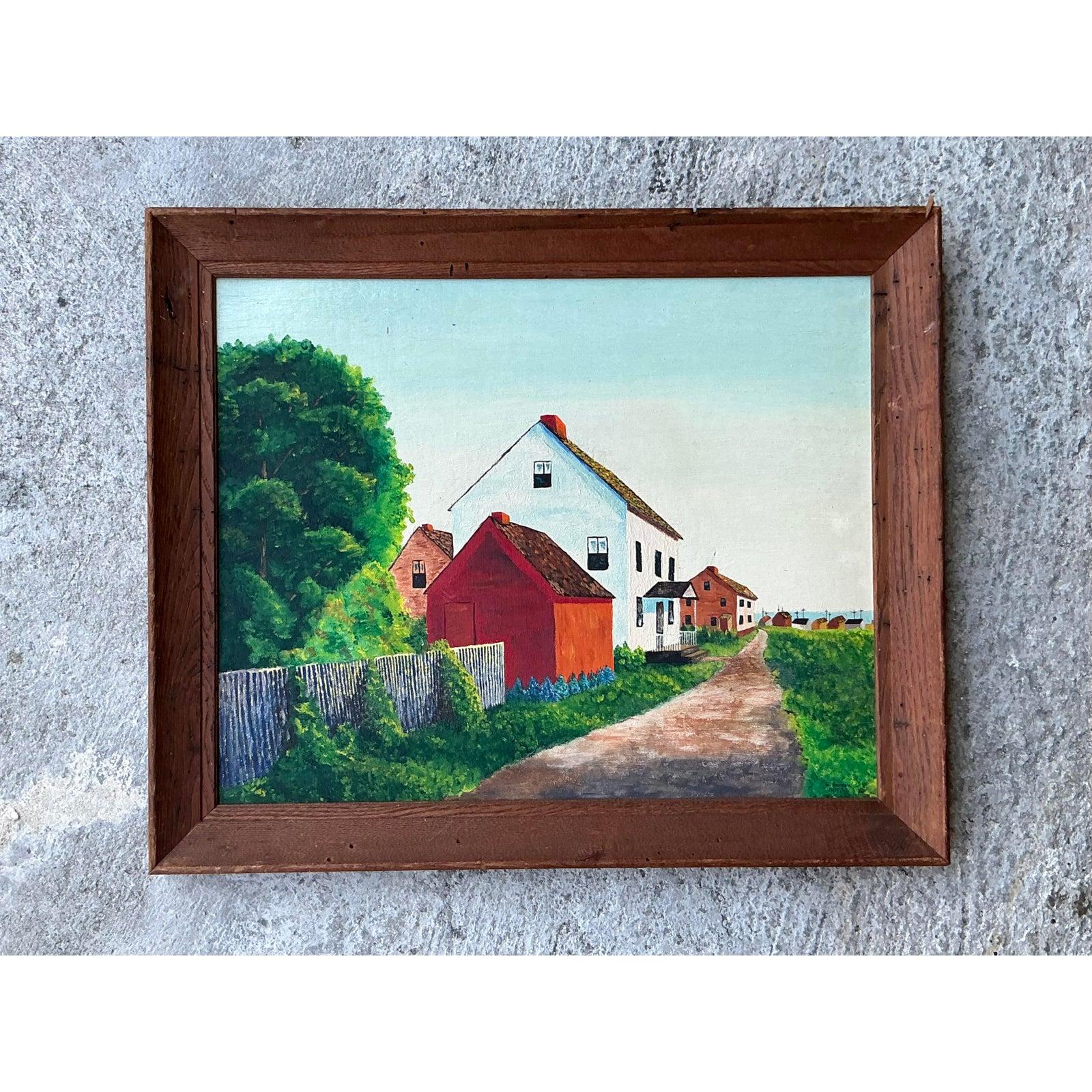 Américain Huile sur panneau originale de paysage primitif des années 1960 en vente