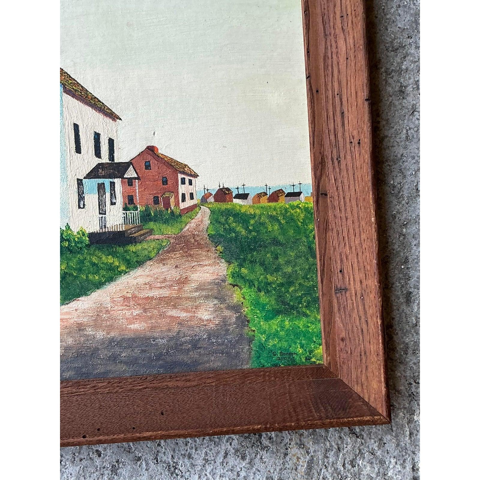 Milieu du XXe siècle Huile sur panneau originale de paysage primitif des années 1960 en vente