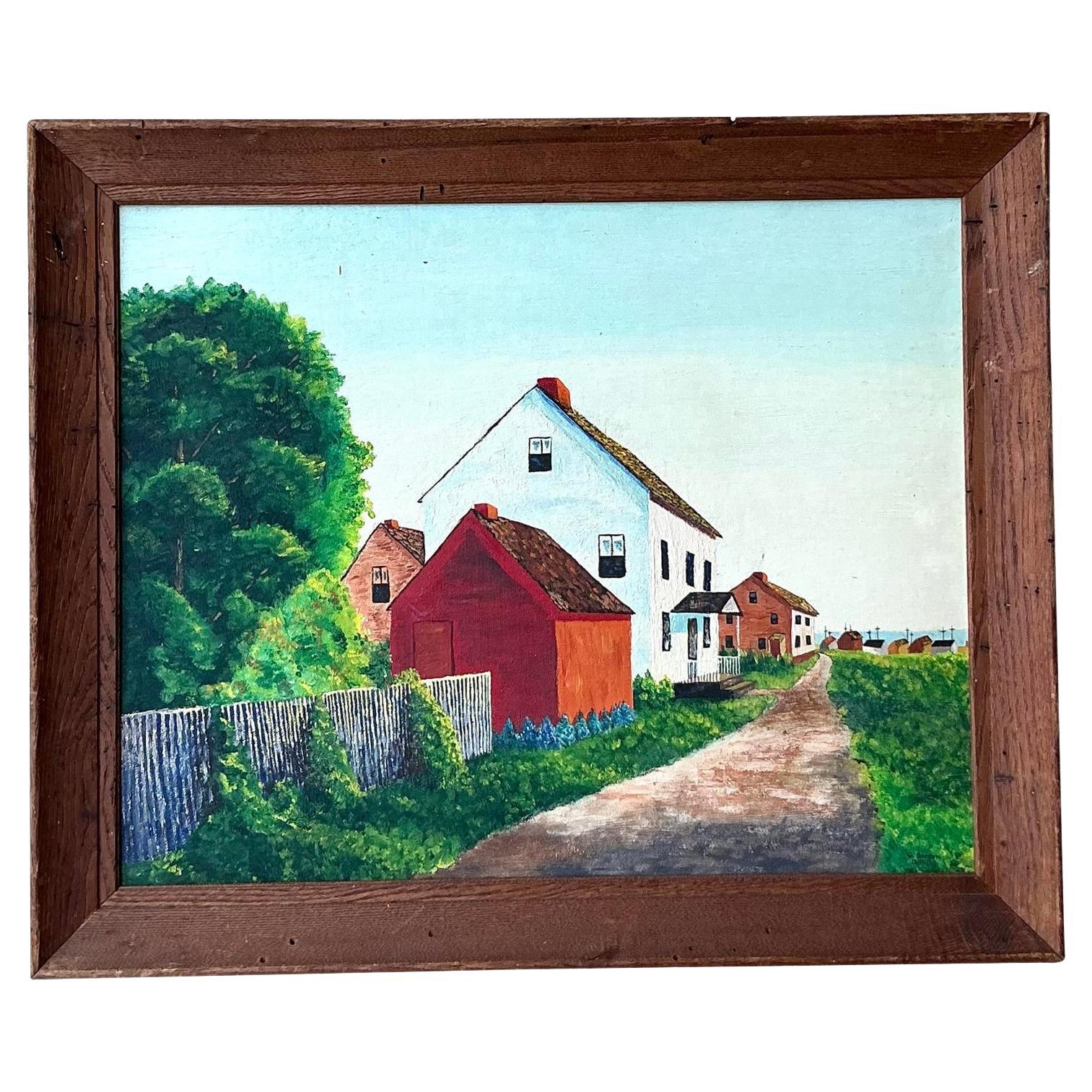 Vintage Primitive 1960s Original Landscape Oil on Board