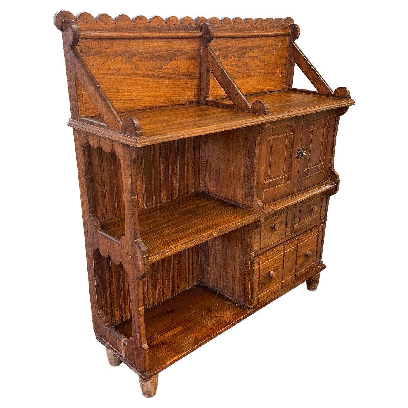 Vintage Primitive Arts and Craft Style Carved Wood Bookshelf and Storage Cabinet