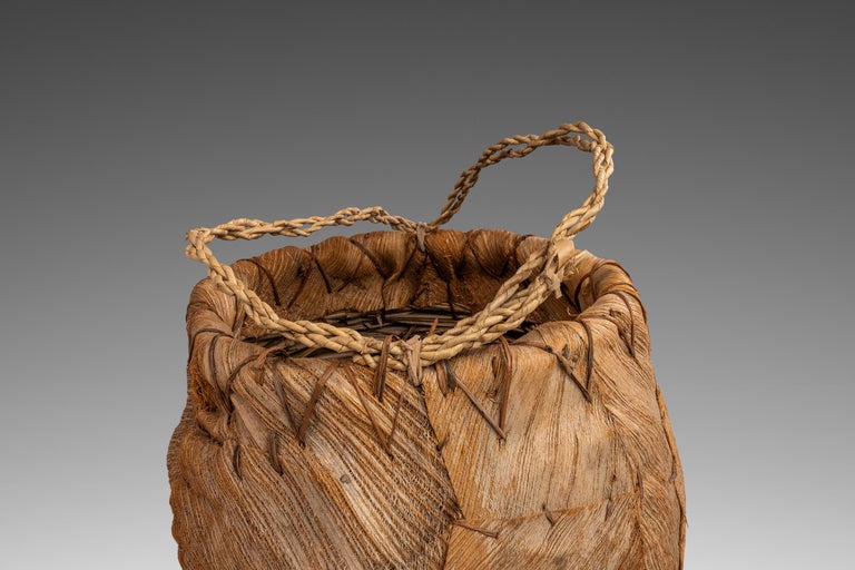 Vintage Primitive Folk Art Large Hand-Woven Palm Bark Basket Planter, USA
