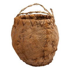 Antique Primitive Folk Art Large Hand-Woven Palm Bark Basket Planter, USA