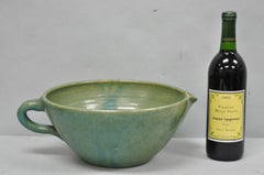 Vintage Primitive Green Glazed Ceramic Pottery Large Mixing Bowl w Handle