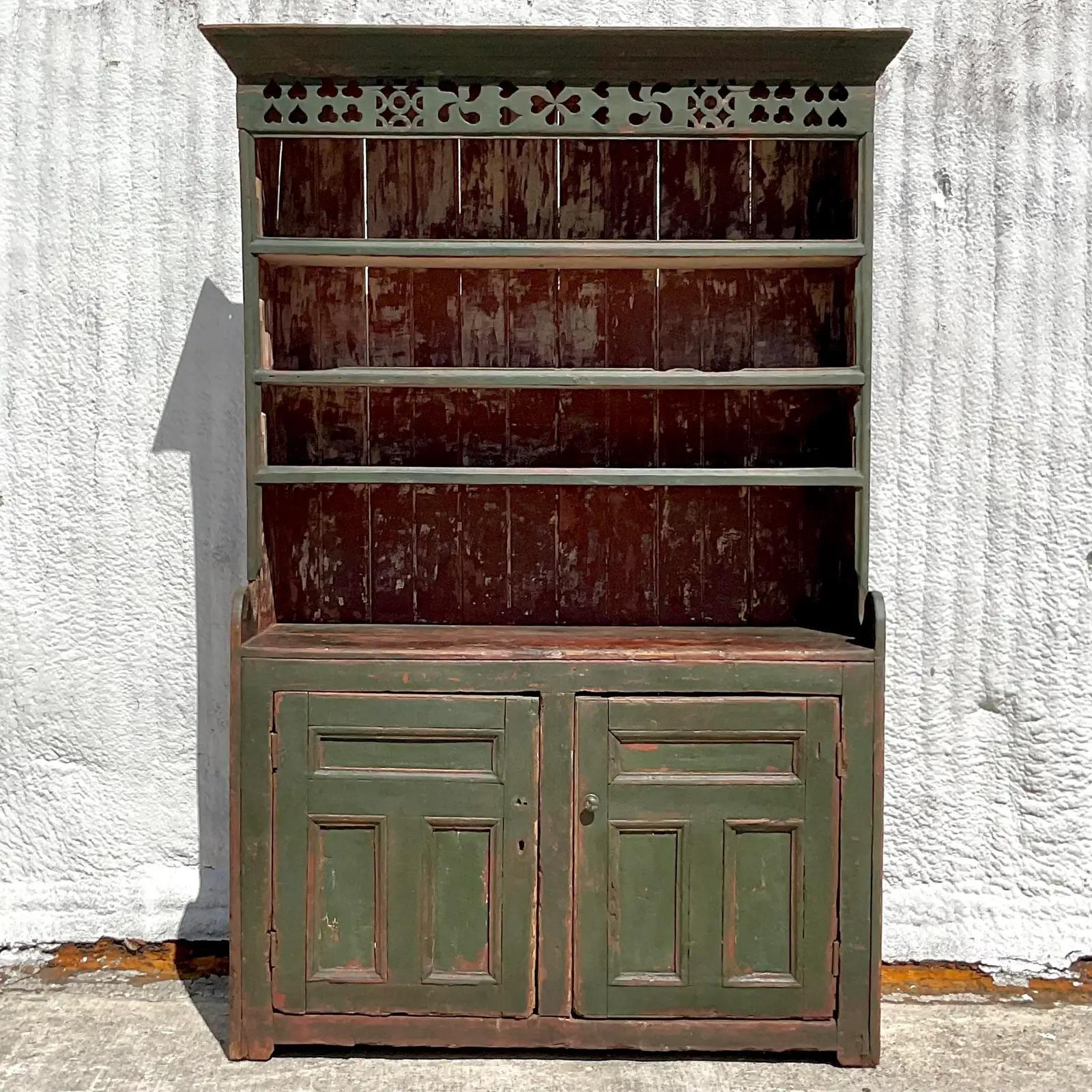 Vintage Rustic Irish Distressed Wood China Cabinet In Good Condition In west palm beach, FL