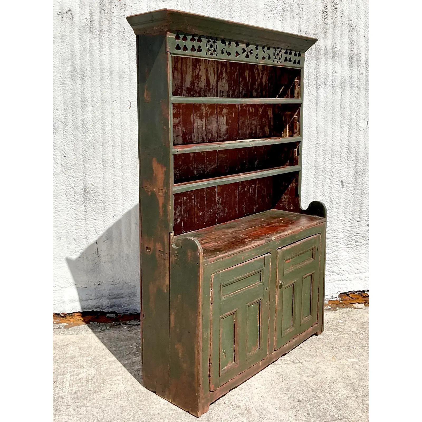 20th Century Vintage Rustic Irish Distressed Wood China Cabinet