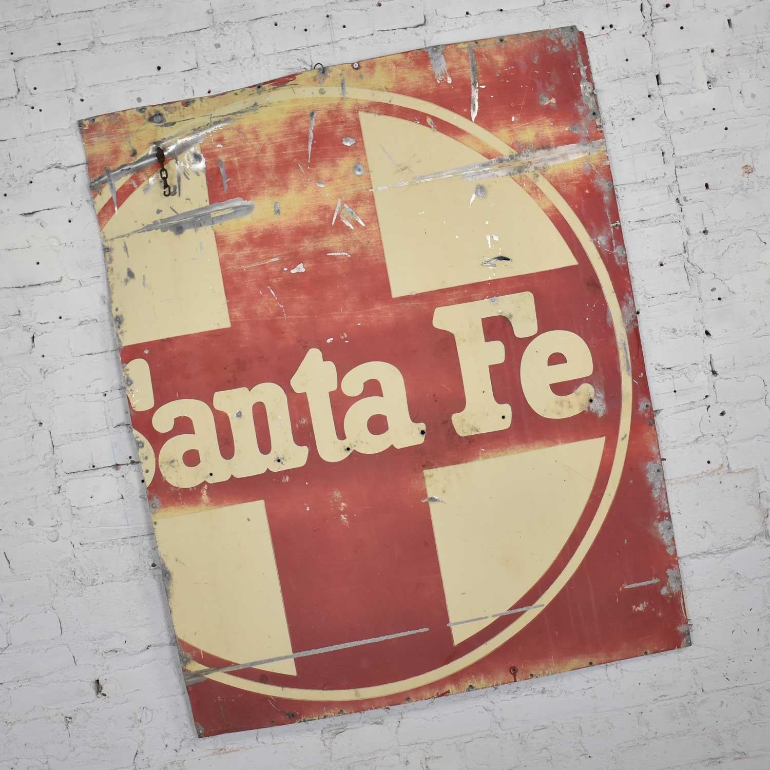 Awesome vintage extra large Santa Fe Railroad red and white painted metal sign. It is in outstanding primitive and rustic condition with lots of gorgeous age patina including missing paint and fading. Please see photos, circa mid-20th
