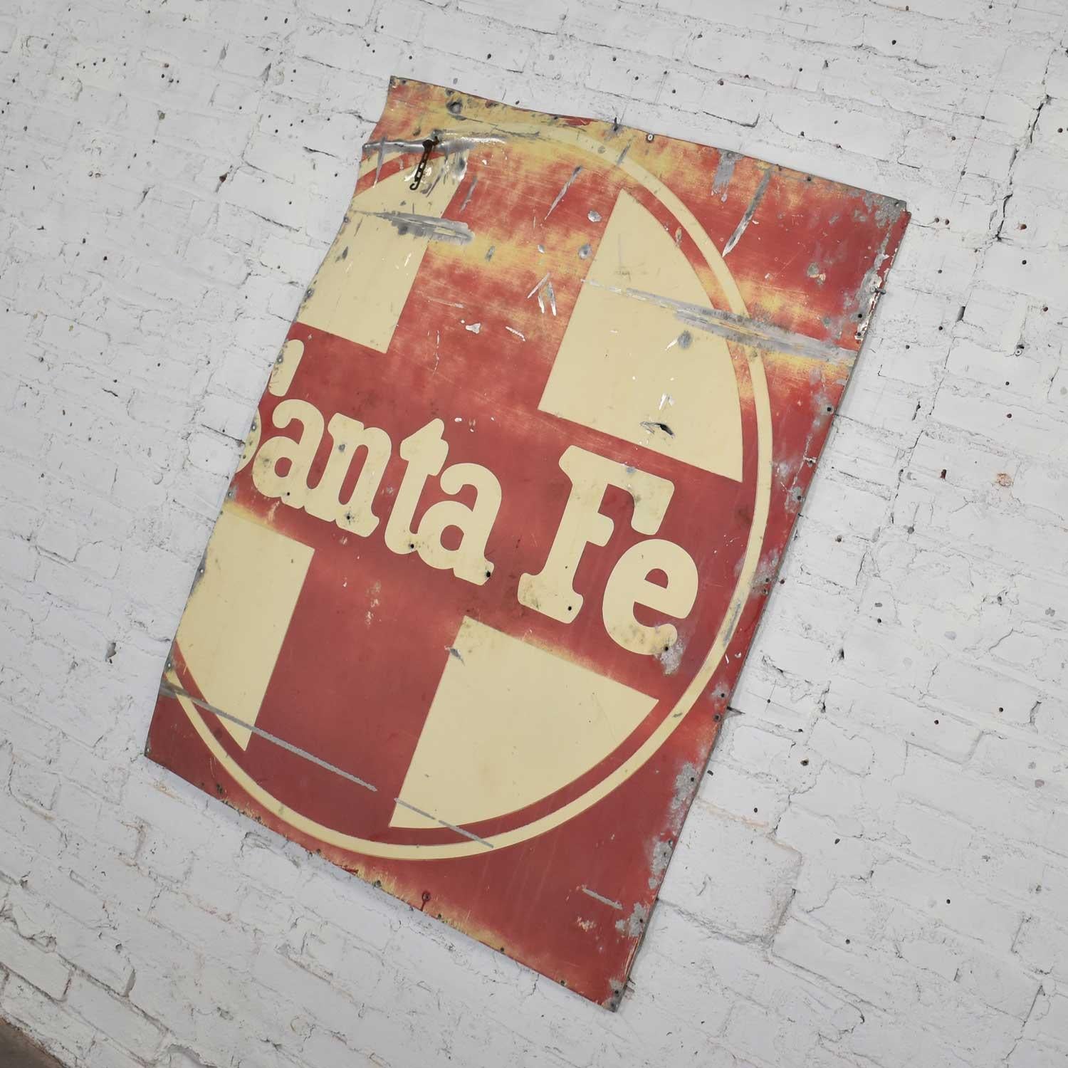 Vintage Primitive Rustic Extra-Large Santa Fe Railroad Red & White Painted Metal In Distressed Condition In Topeka, KS