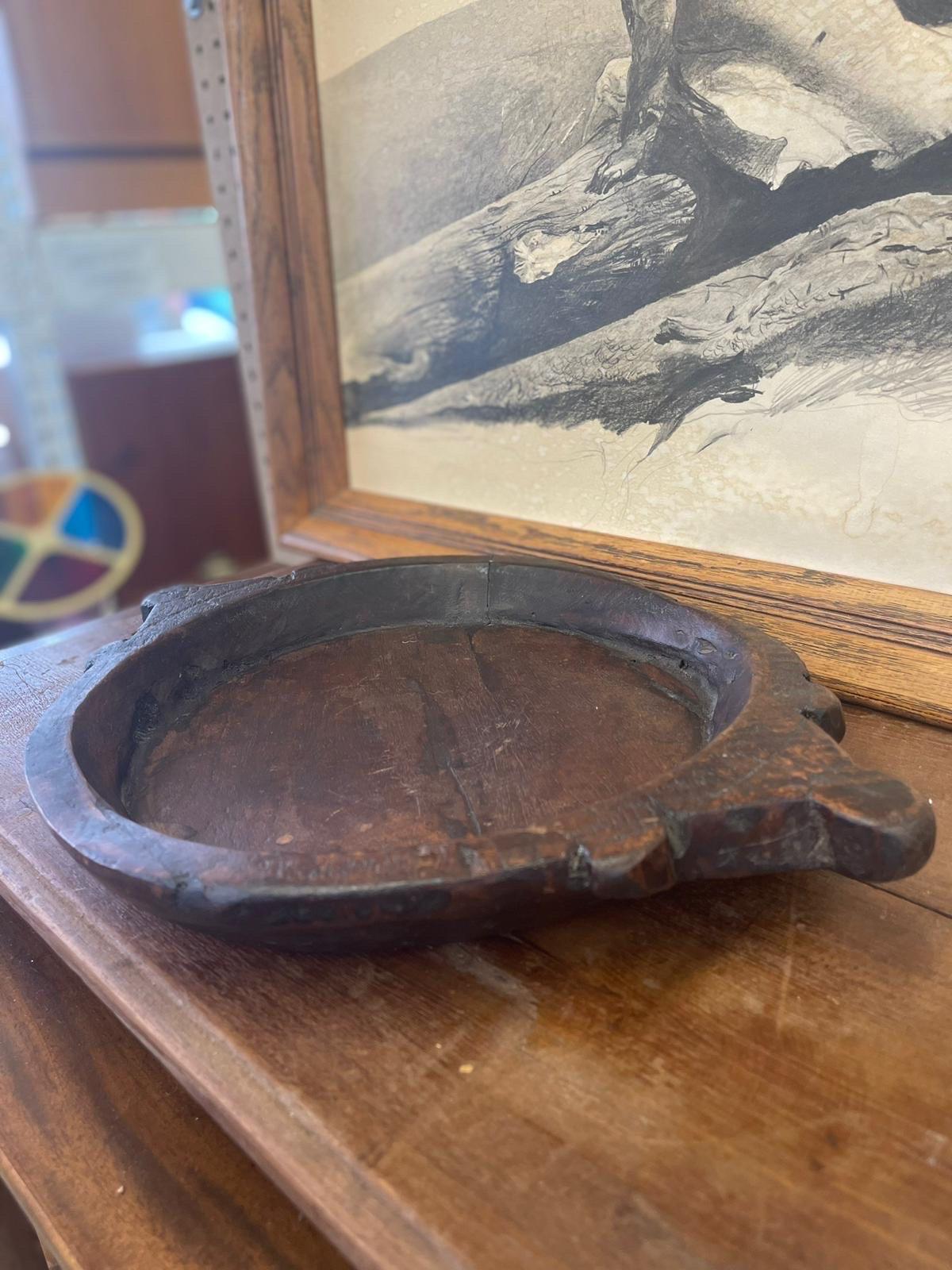 Mid-Century Modern Vintage Primitive Style Wooden Tray With Hand Carved Handles.