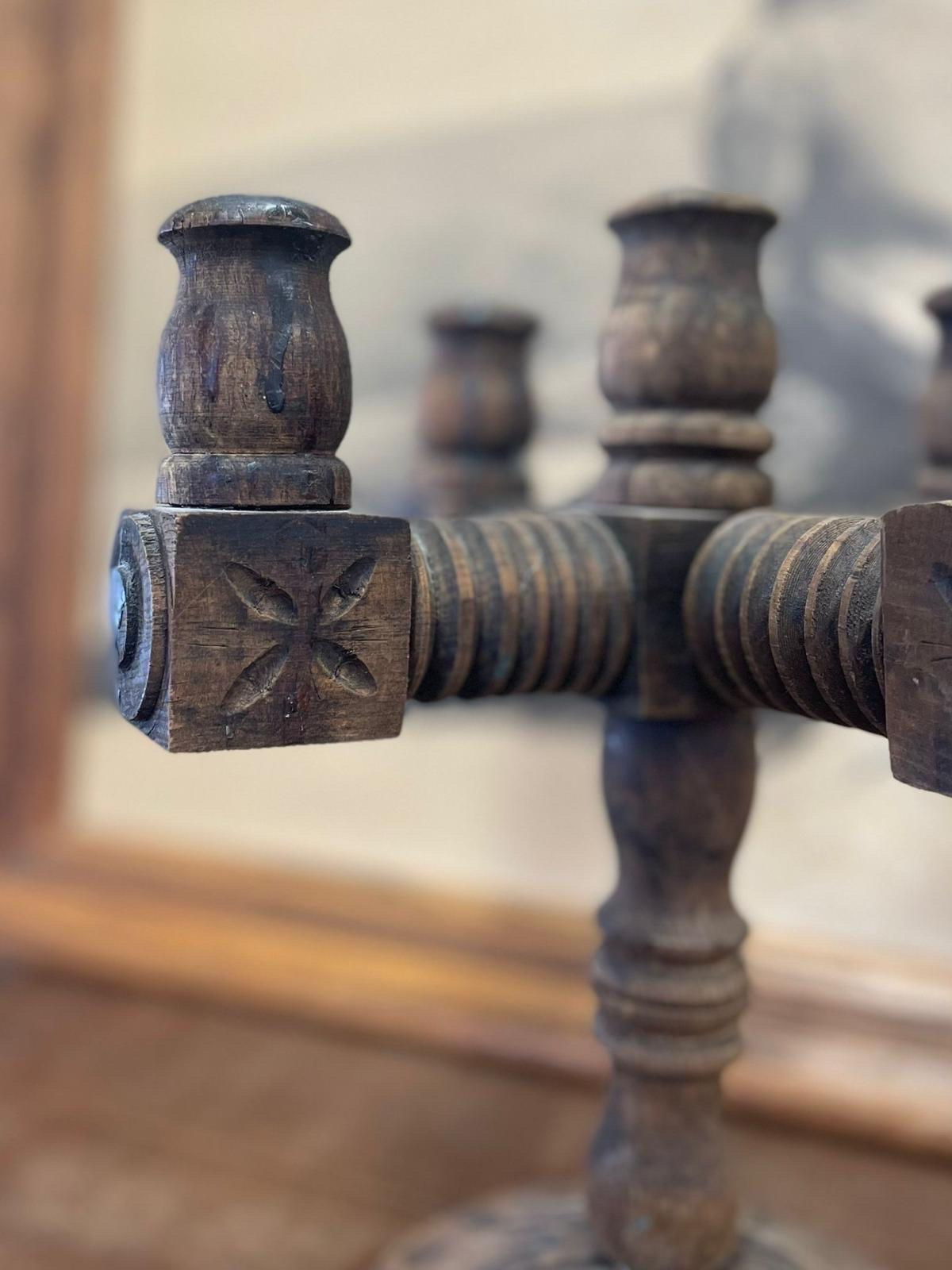 Vintage Primitive Wood Carved Candelabra. Circa 1970s. In Good Condition For Sale In Seattle, WA