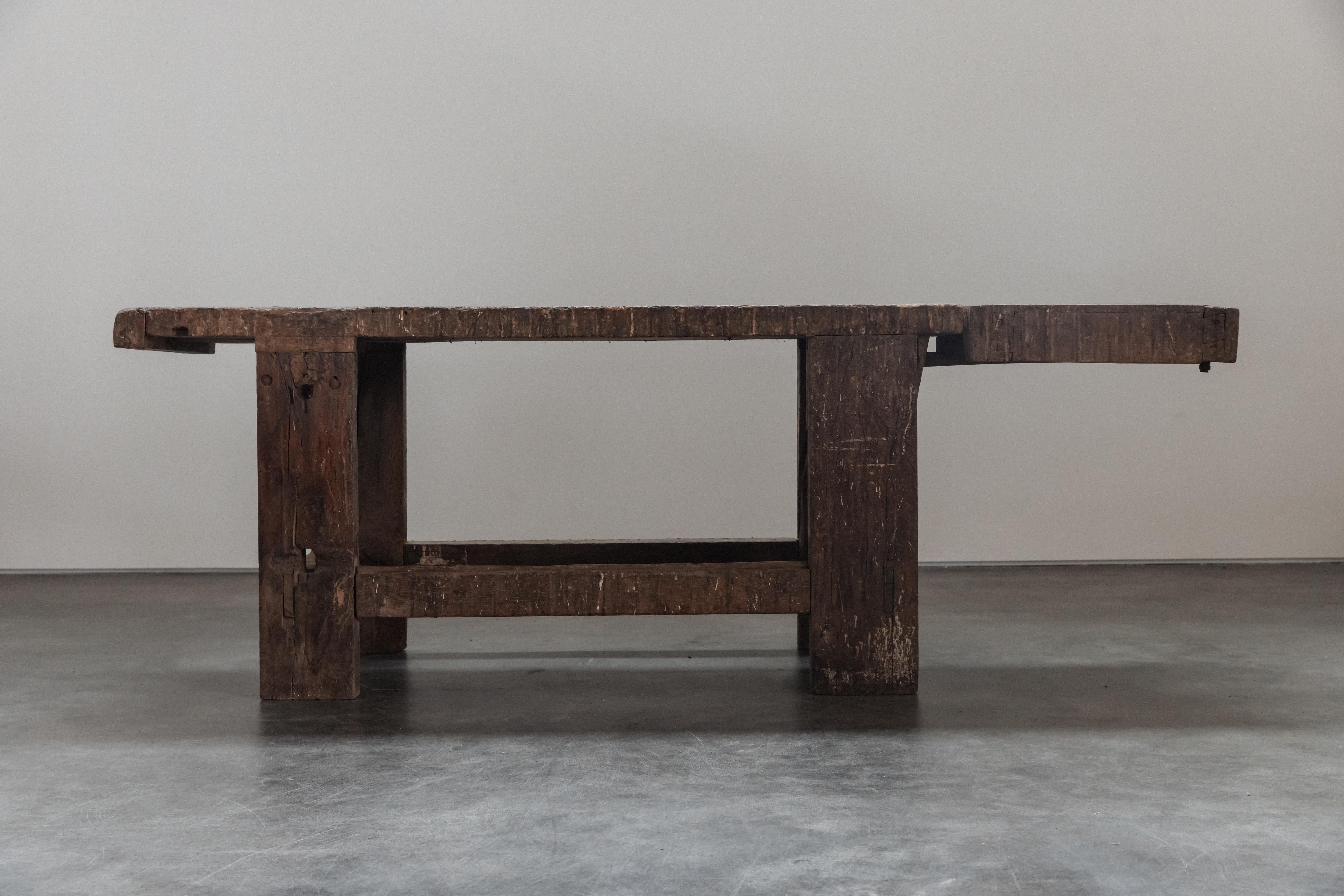 Vintage Primitive Work Console From France, Circa 1900.  Solid pine construction with great patina and use.