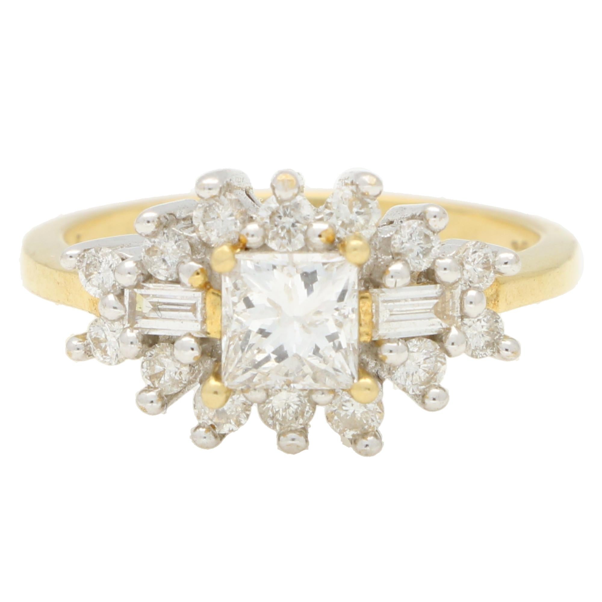 A highly unique vintage diamond cluster ring set 18k yellow gold. 

The cluster is centrally set with a large princess cut diamond, which is four claw set in a slightly raised setting. The princess cut is then sided by two bezel set baguettes and
