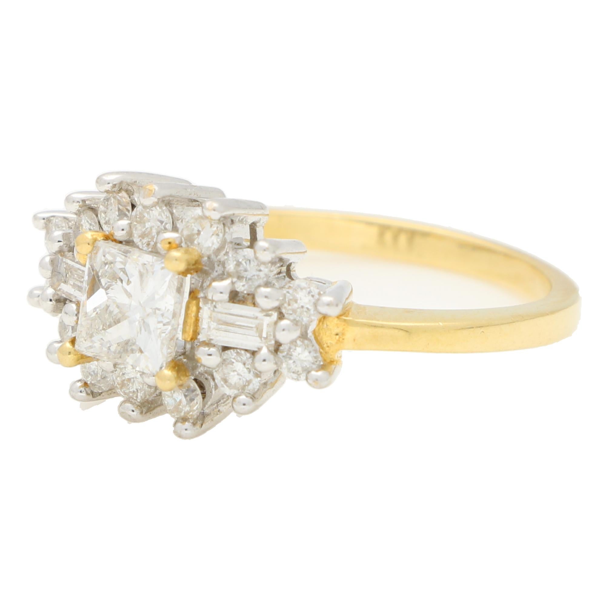 Modern Vintage Princess, Baguette and Round Brilliant Cut Diamond Cluster Ring For Sale