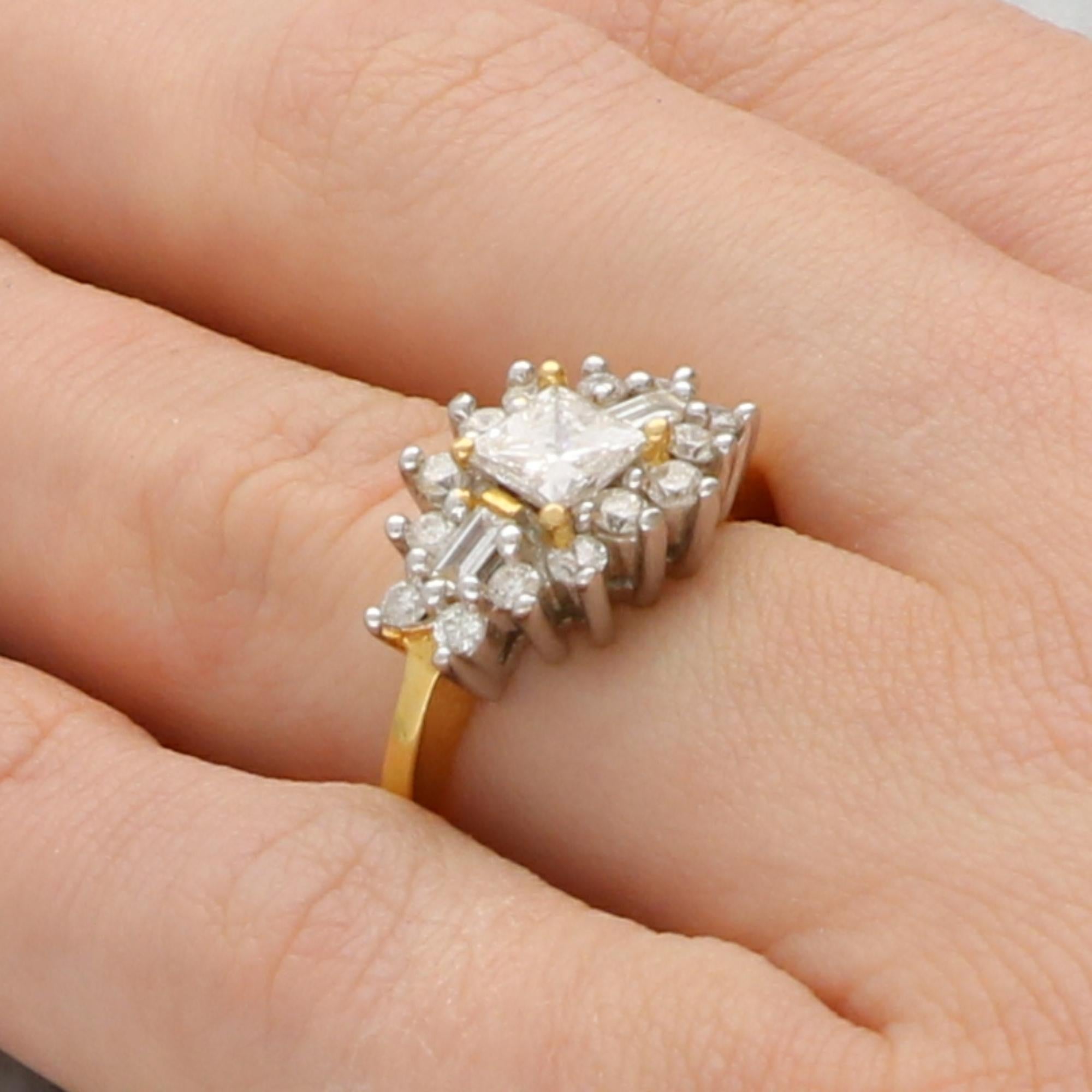 Princess Cut Vintage Princess, Baguette and Round Brilliant Cut Diamond Cluster Ring For Sale