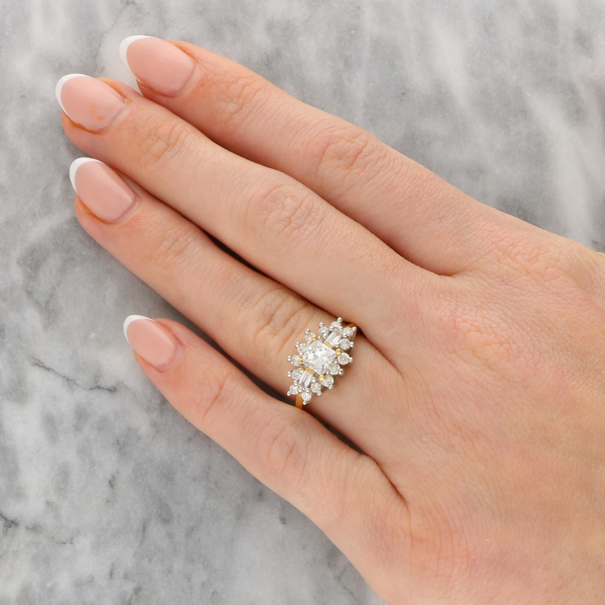 Vintage Princess, Baguette and Round Brilliant Cut Diamond Cluster Ring In Excellent Condition For Sale In London, GB
