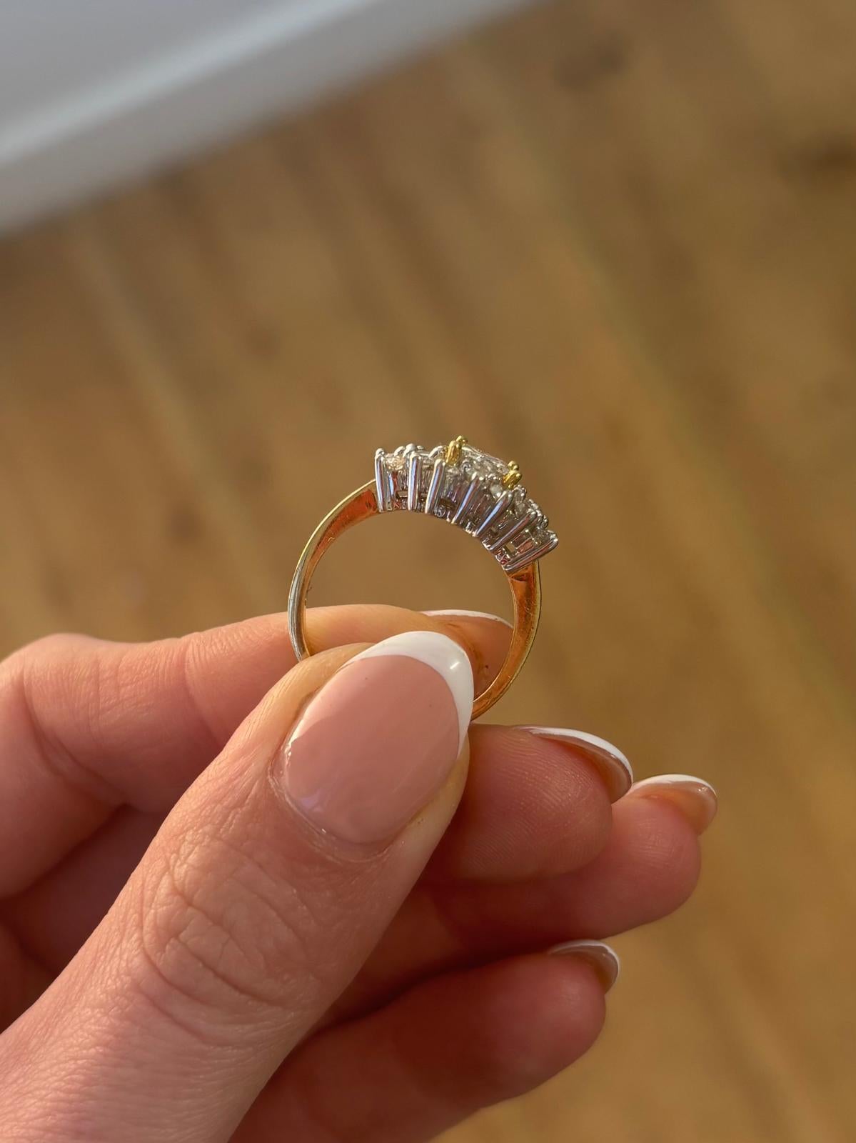Women's or Men's Vintage Princess, Baguette and Round Brilliant Cut Diamond Cluster Ring For Sale