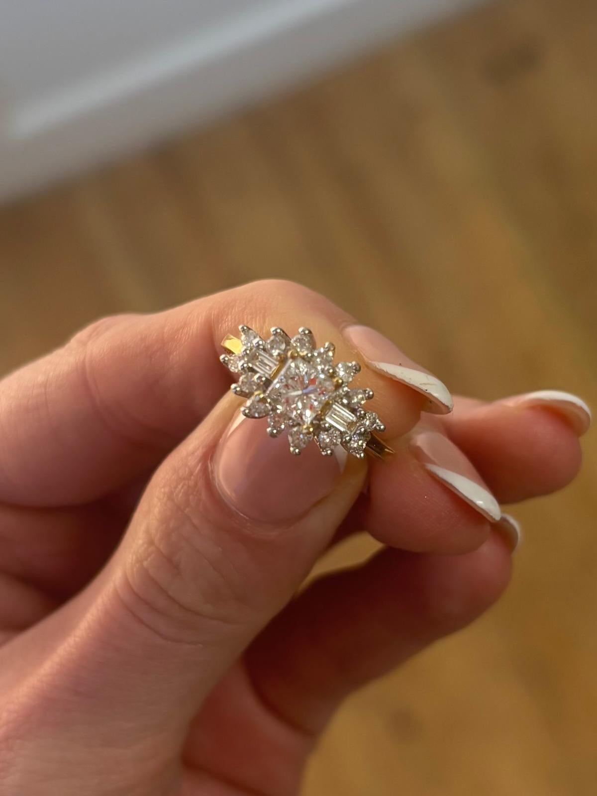 Vintage Princess, Baguette and Round Brilliant Cut Diamond Cluster Ring For Sale 1