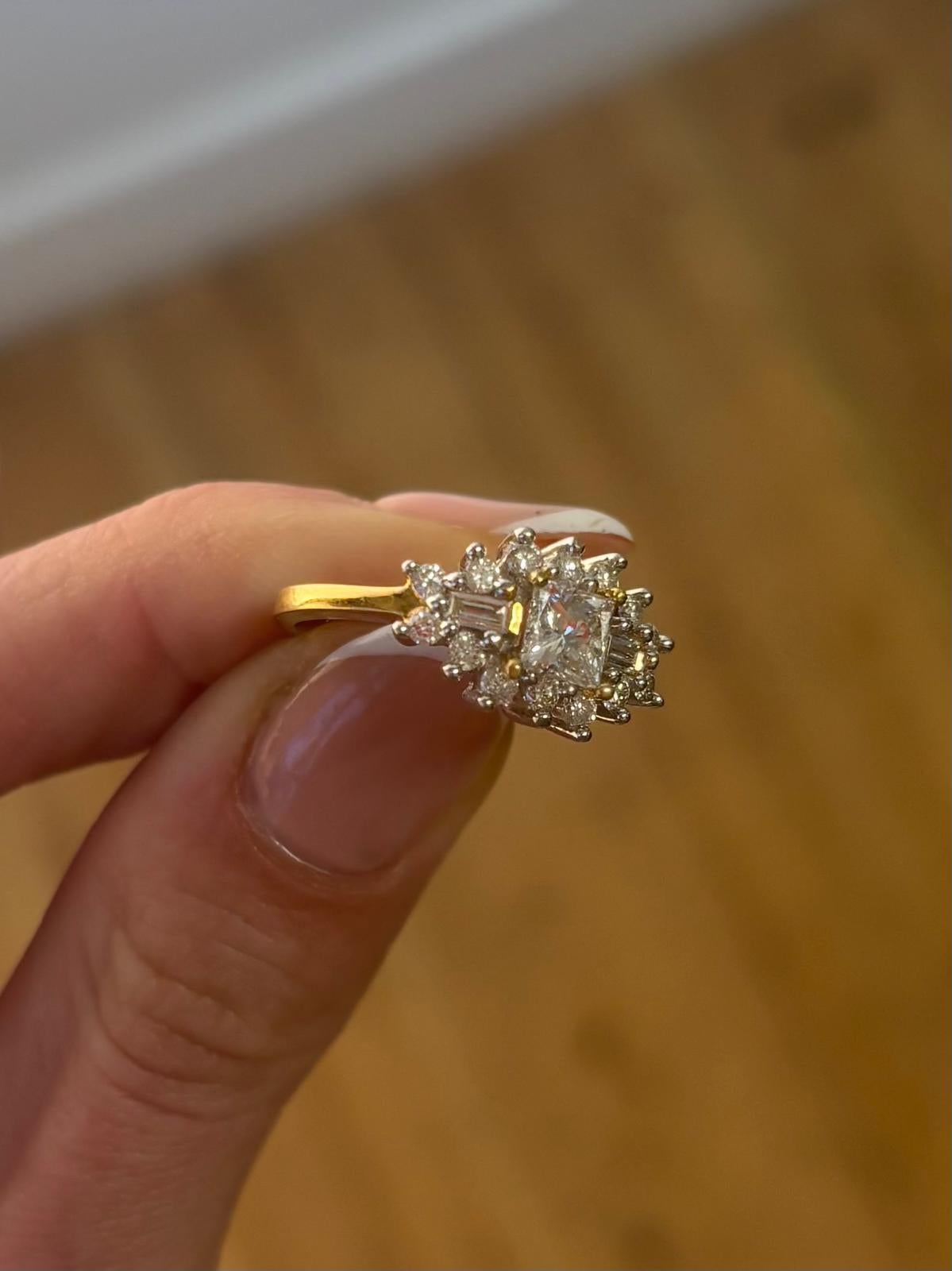 Vintage Princess, Baguette and Round Brilliant Cut Diamond Cluster Ring For Sale 2