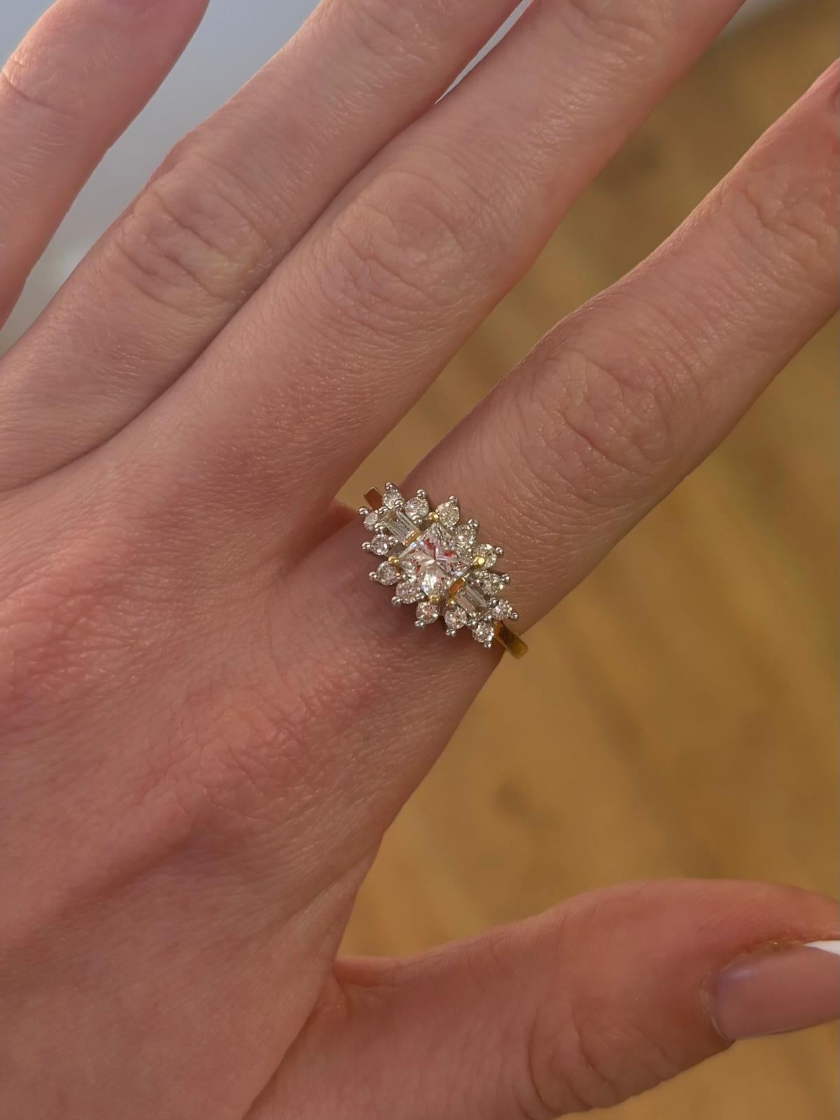 Vintage Princess, Baguette and Round Brilliant Cut Diamond Cluster Ring For Sale 3