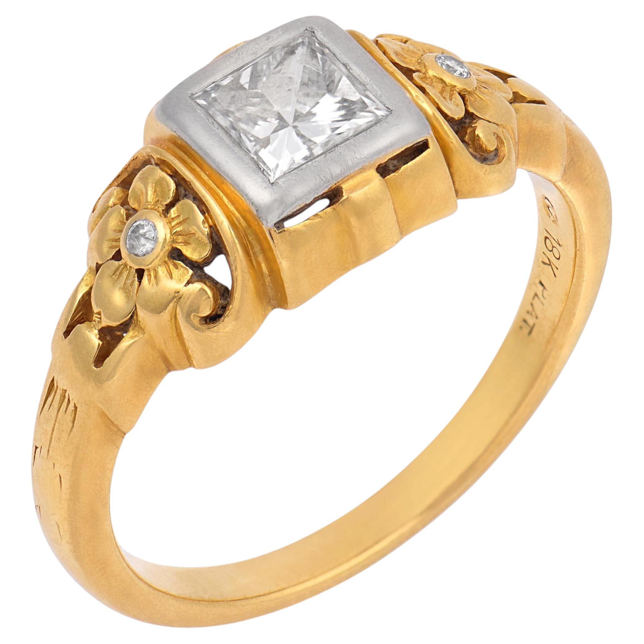 Vintage princess cut diamond 18k gold platinum engagement ring