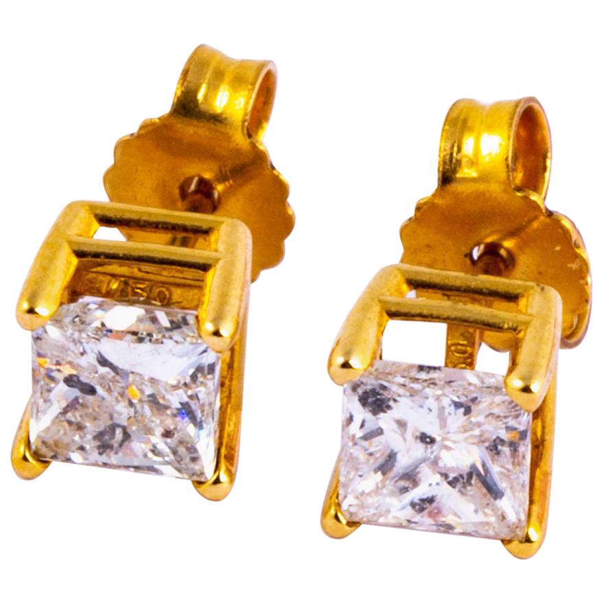 Vintage Princess Cut Diamond and 14 Carat Gold Stud Earrings