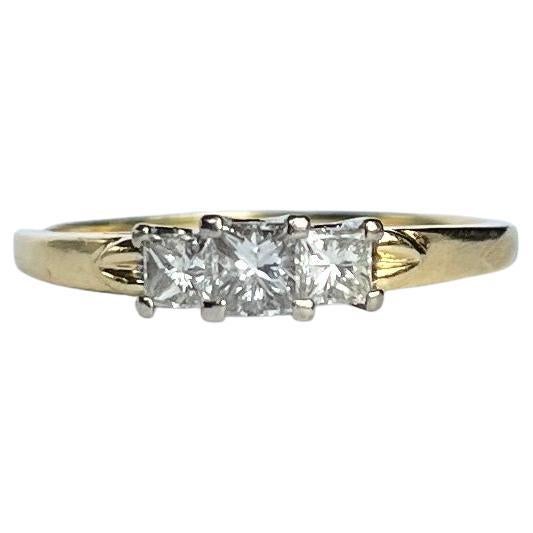 Vintage Princess Cut Diamond and 18 Carat Gold Three-Stone Ring