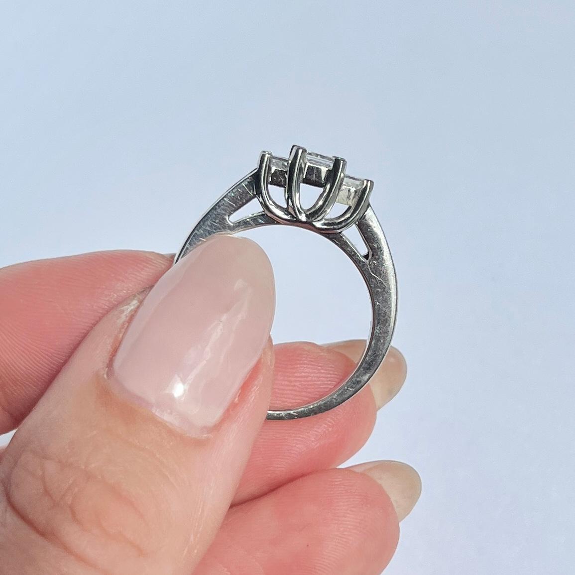 Modern Vintage Princess Cut Diamond and Platinum Three Stone Ring For Sale